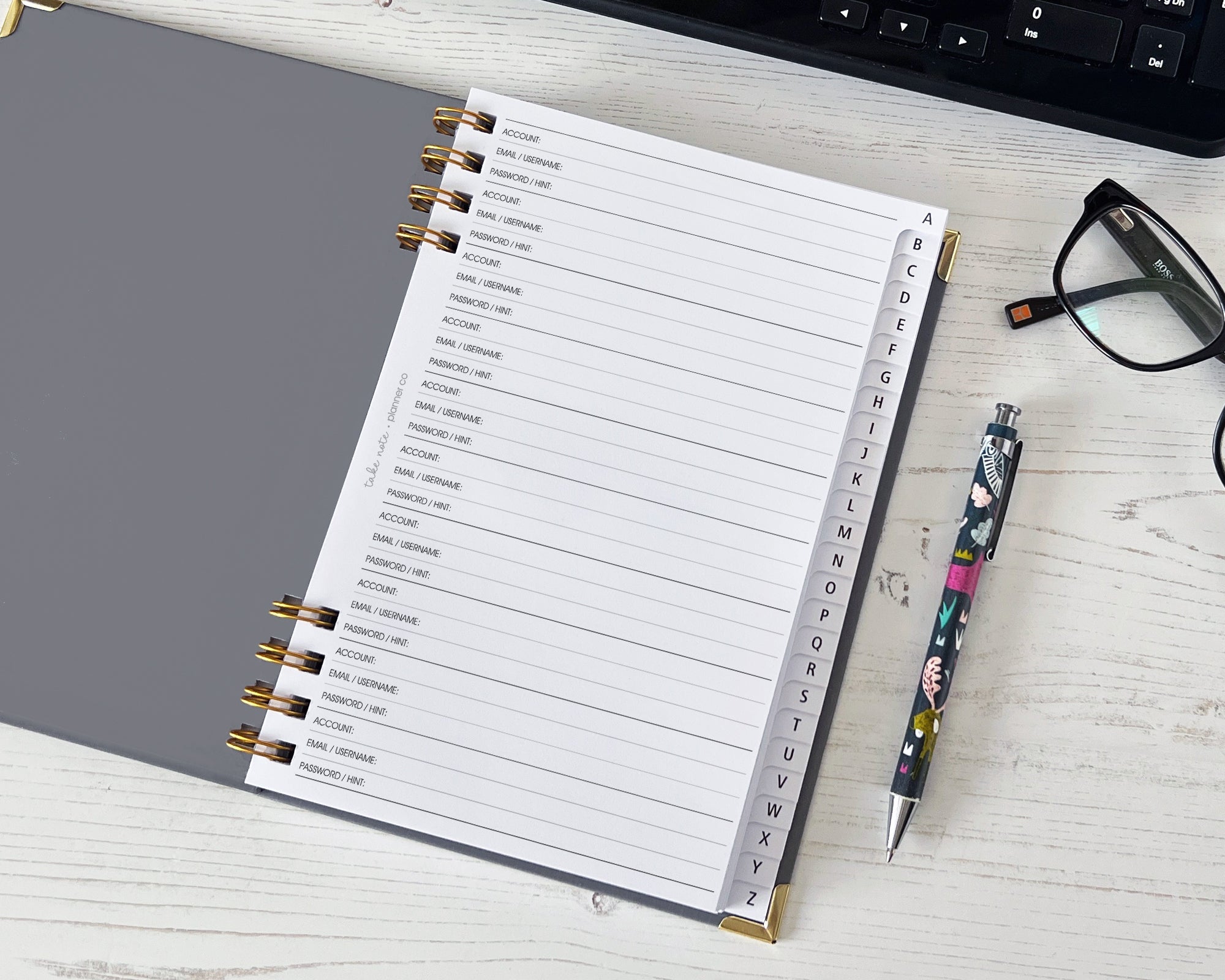 Open notebook with password organiser.