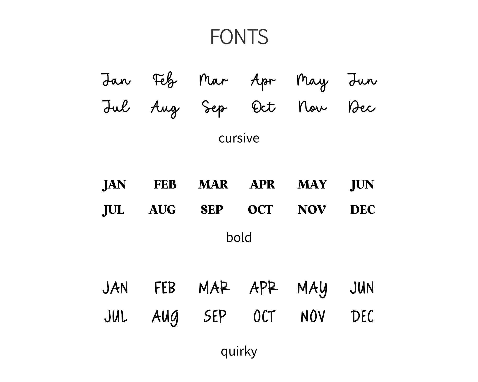 Comparison of cursive, bold, and quirky font styles for monthly dividers