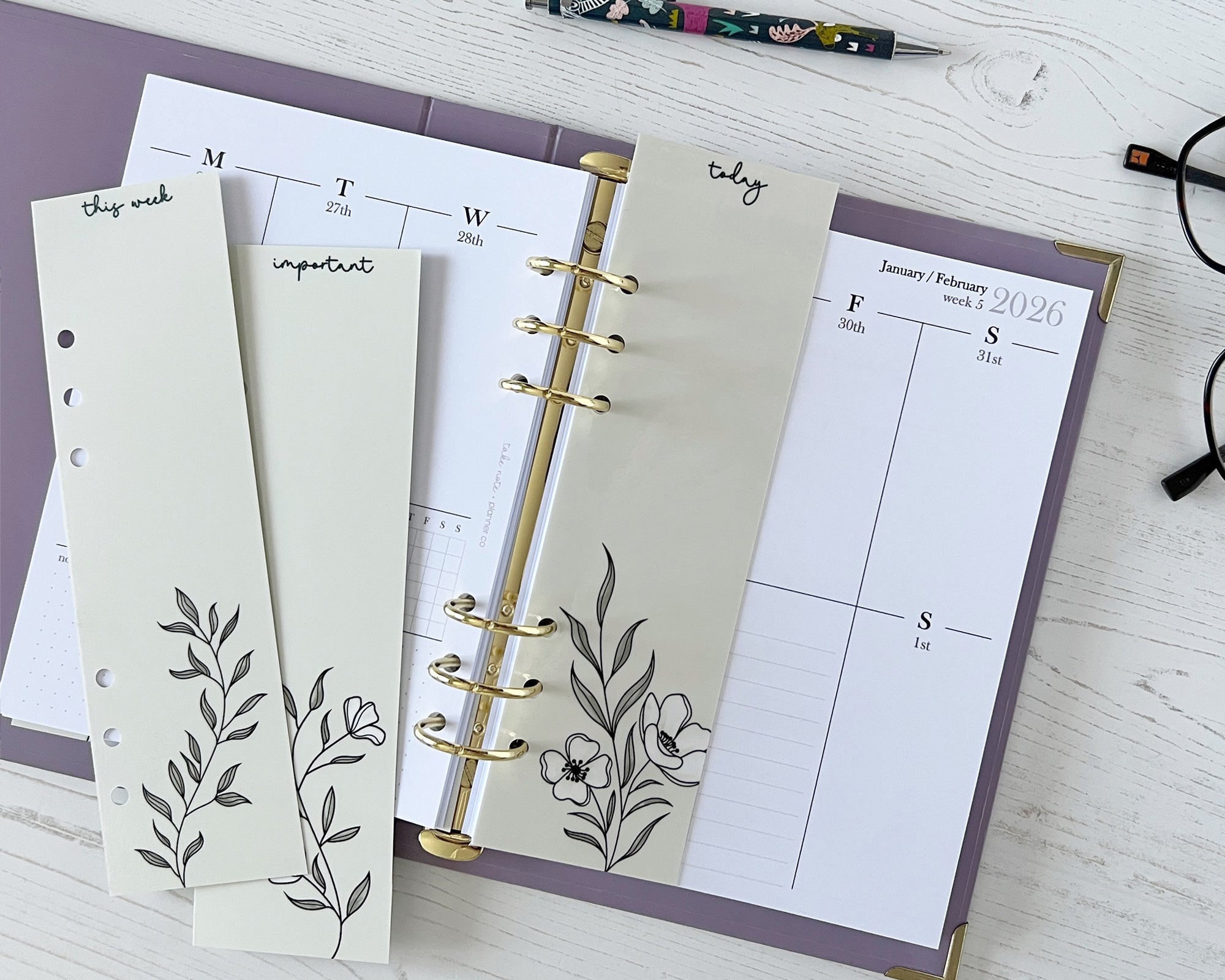 Planner with floral design page markers