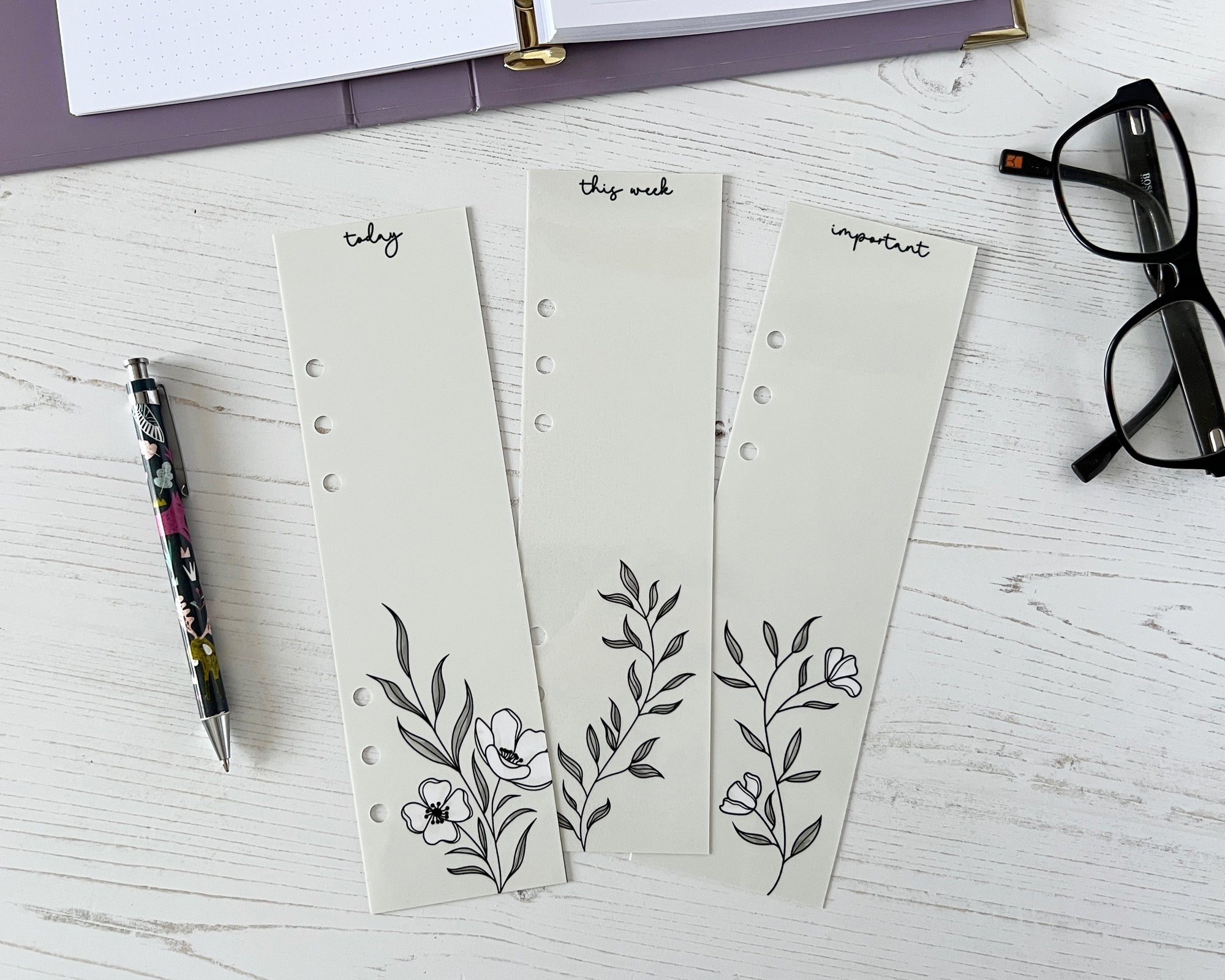 Set of three planner page markers with an anemone floral design.