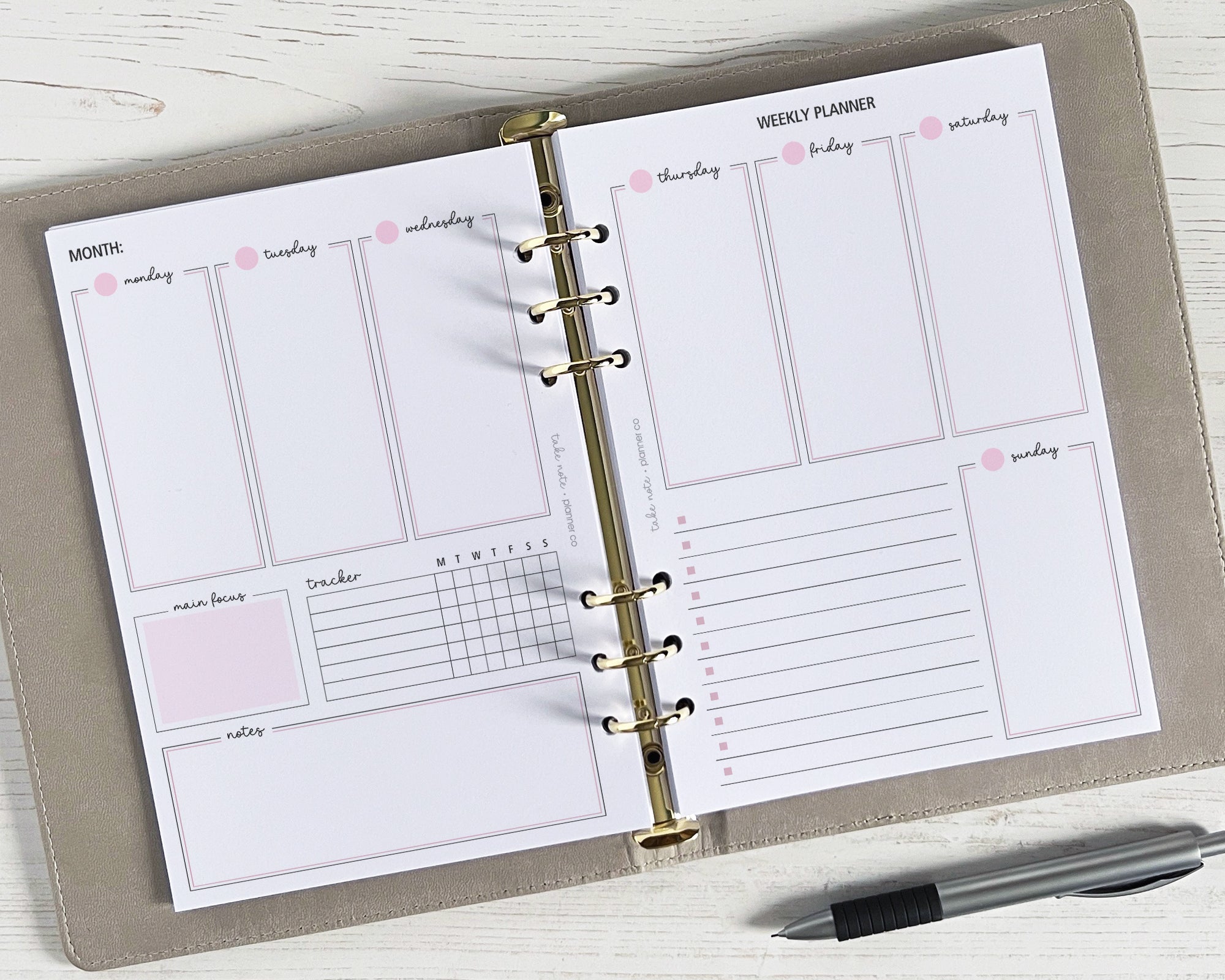 An open weekly planner insert with a vertical design, featuring spaces for daily schedules, notes, to-do lists, and a habit tracker. The planner is undated and is displayed on a beige background.