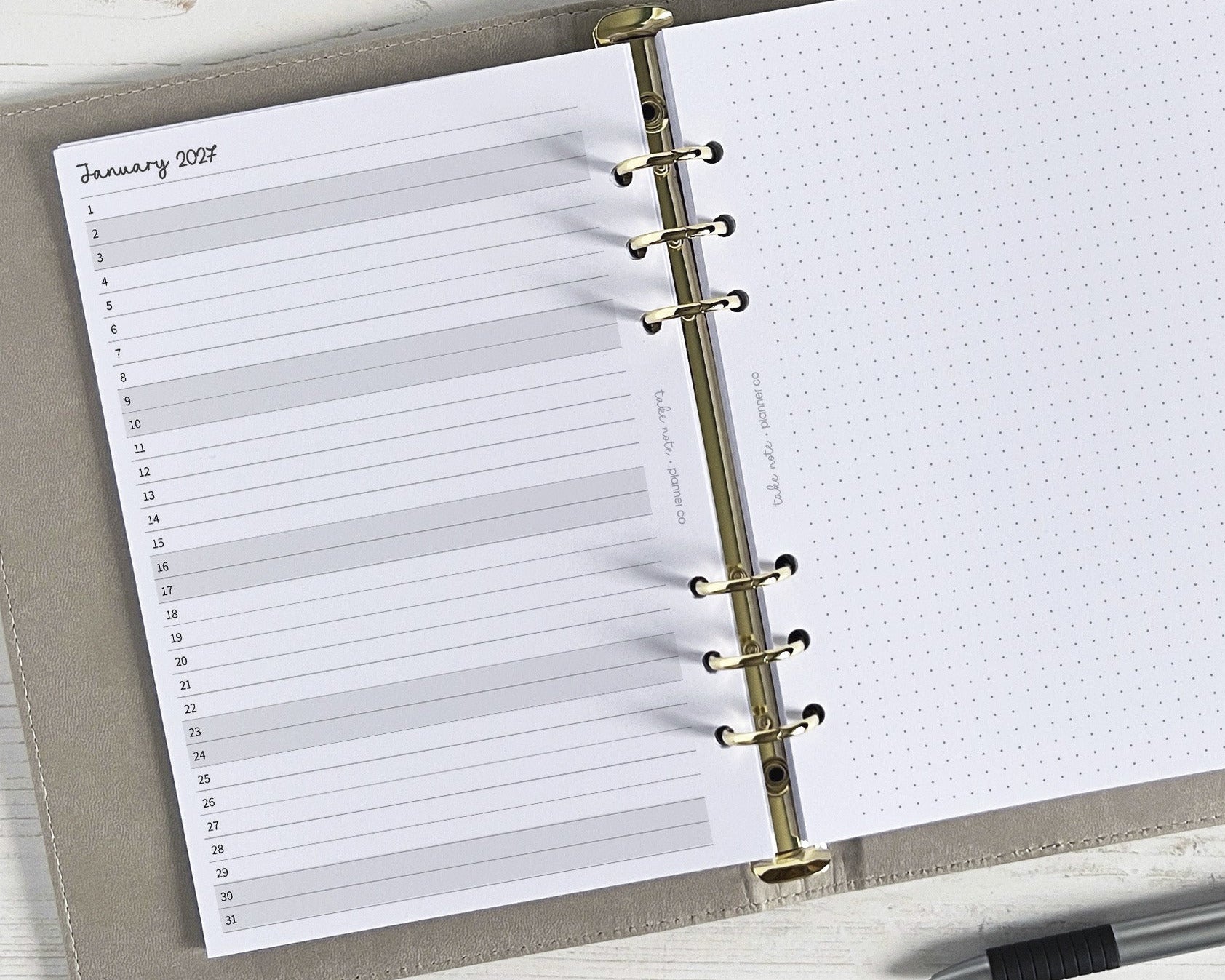 monthly planner displayed in an A5 ringbinder
