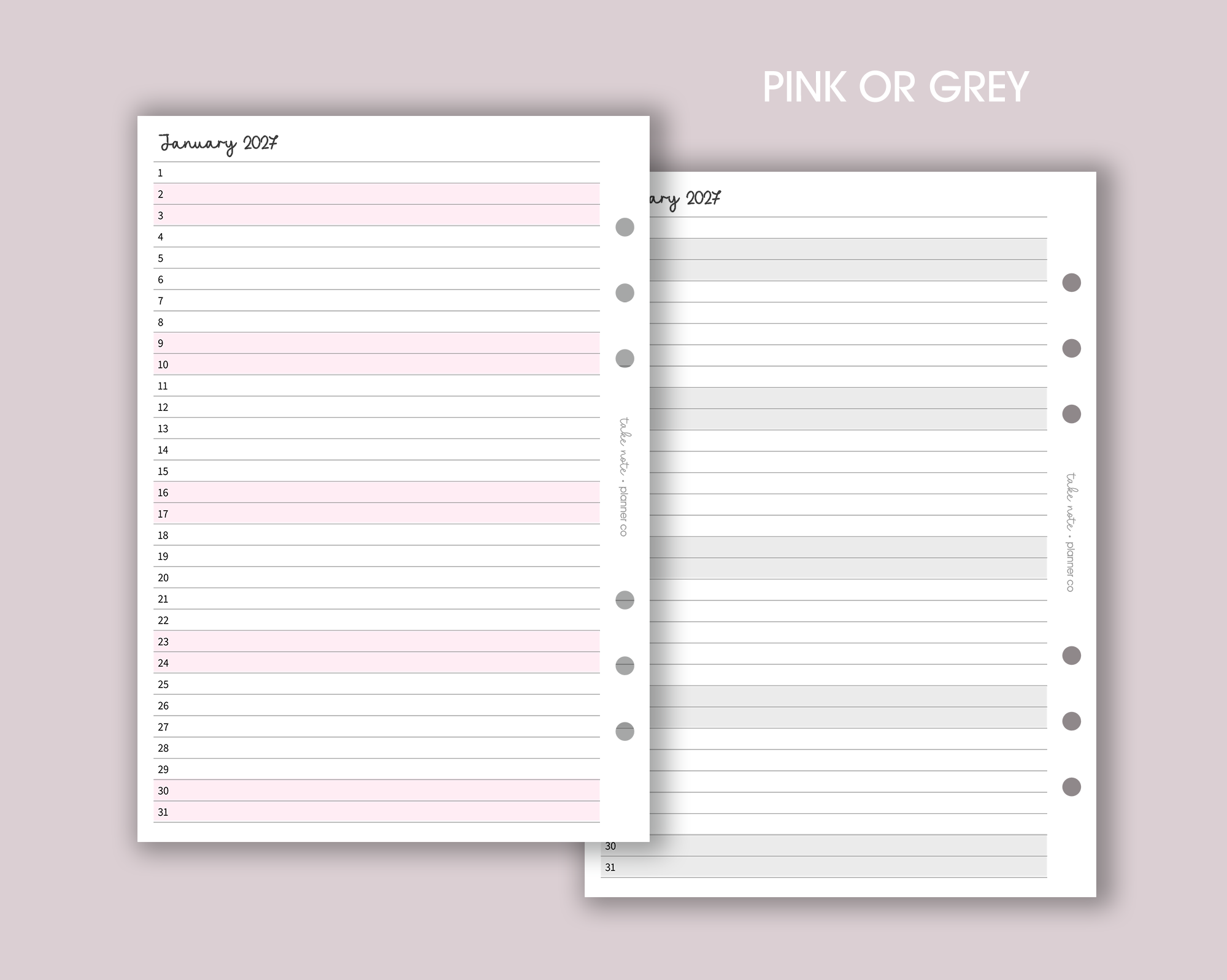 Two planner pages showing pink and grey colour options