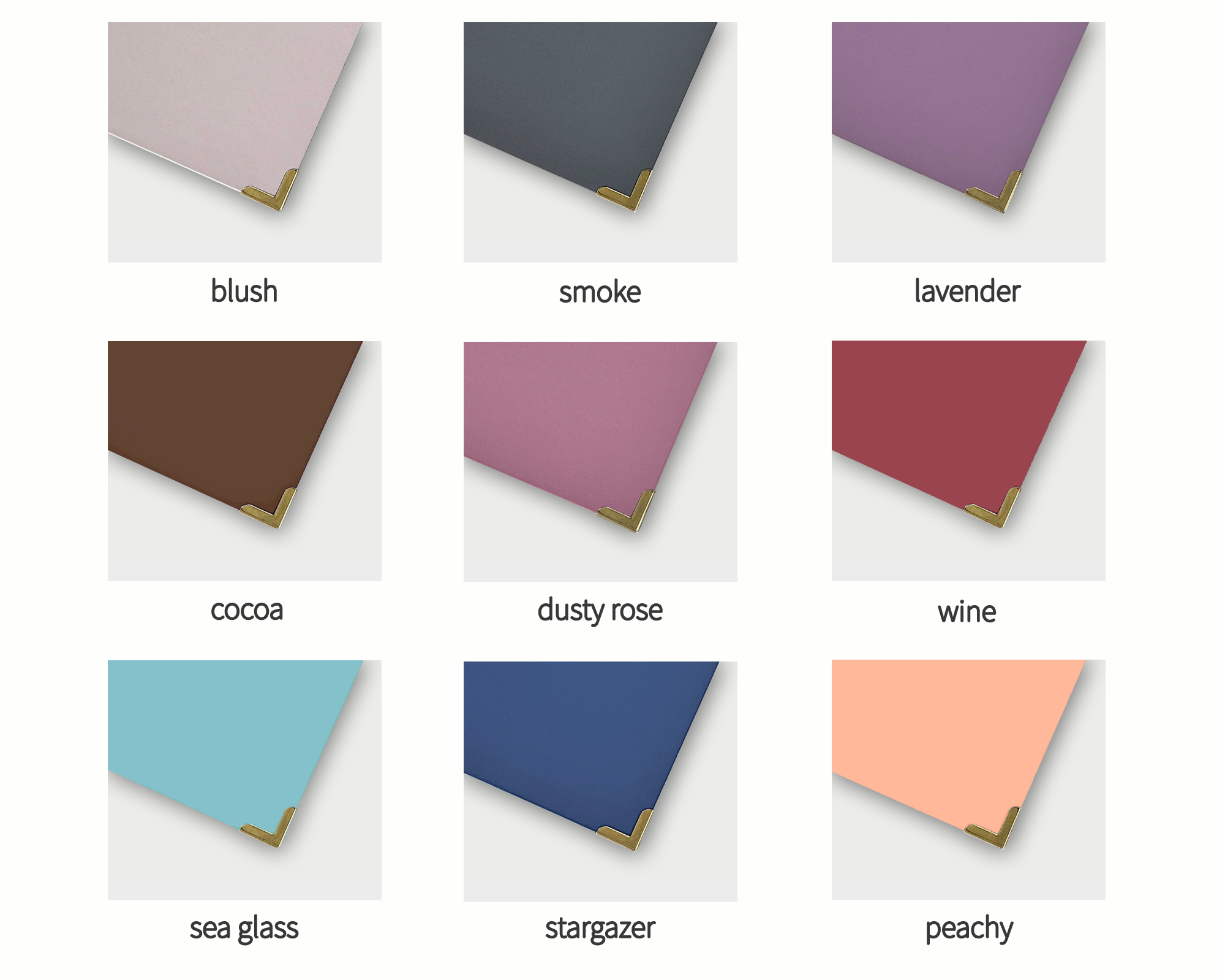 Colour swatches labelled 'blush', 'smoke', 'lavender', 'cocoa', 'dusty rose', 'wine', 'sea glass', 'stargazer', and 'peachy'