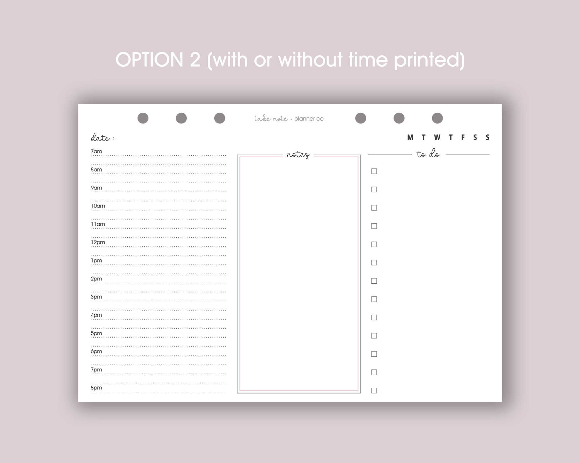 A photo of a daily planner insert with a landscape layout, featuring sections for notes, schedule, priorities, and to-do list, lying on a wooden surface with a pen beside it.