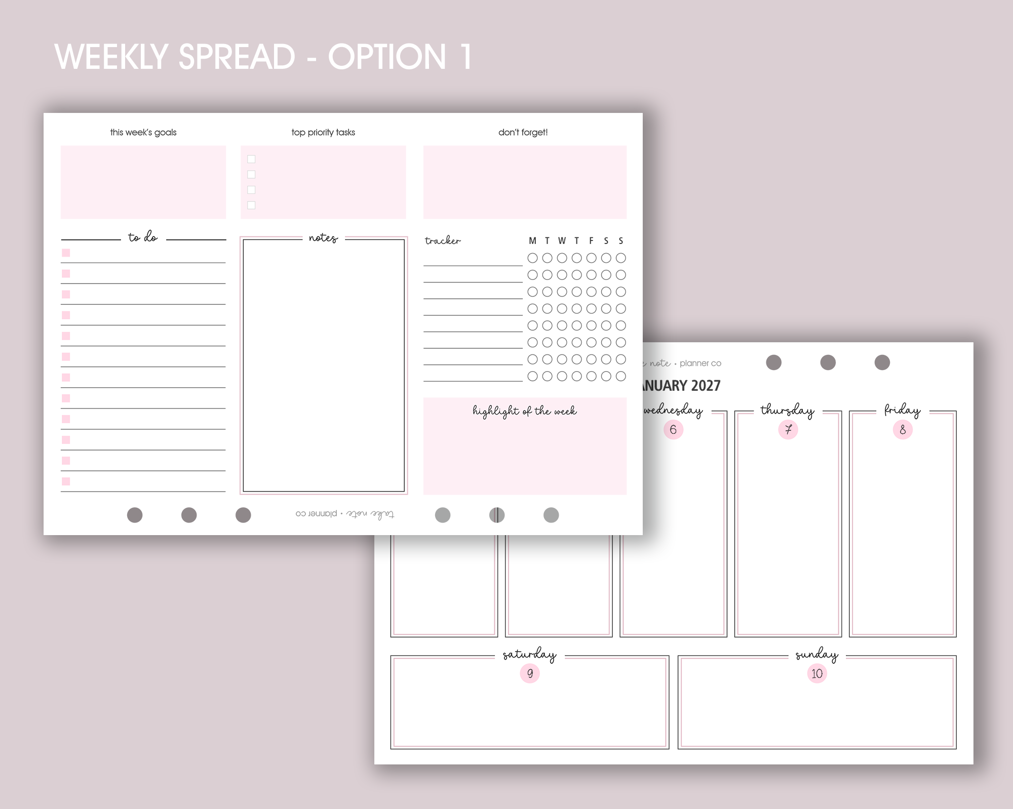 A5 weekly planner inserts with a landscape layout displayed on a desk, featuring space for notes, schedule, and a to-do list with a pen alongside.