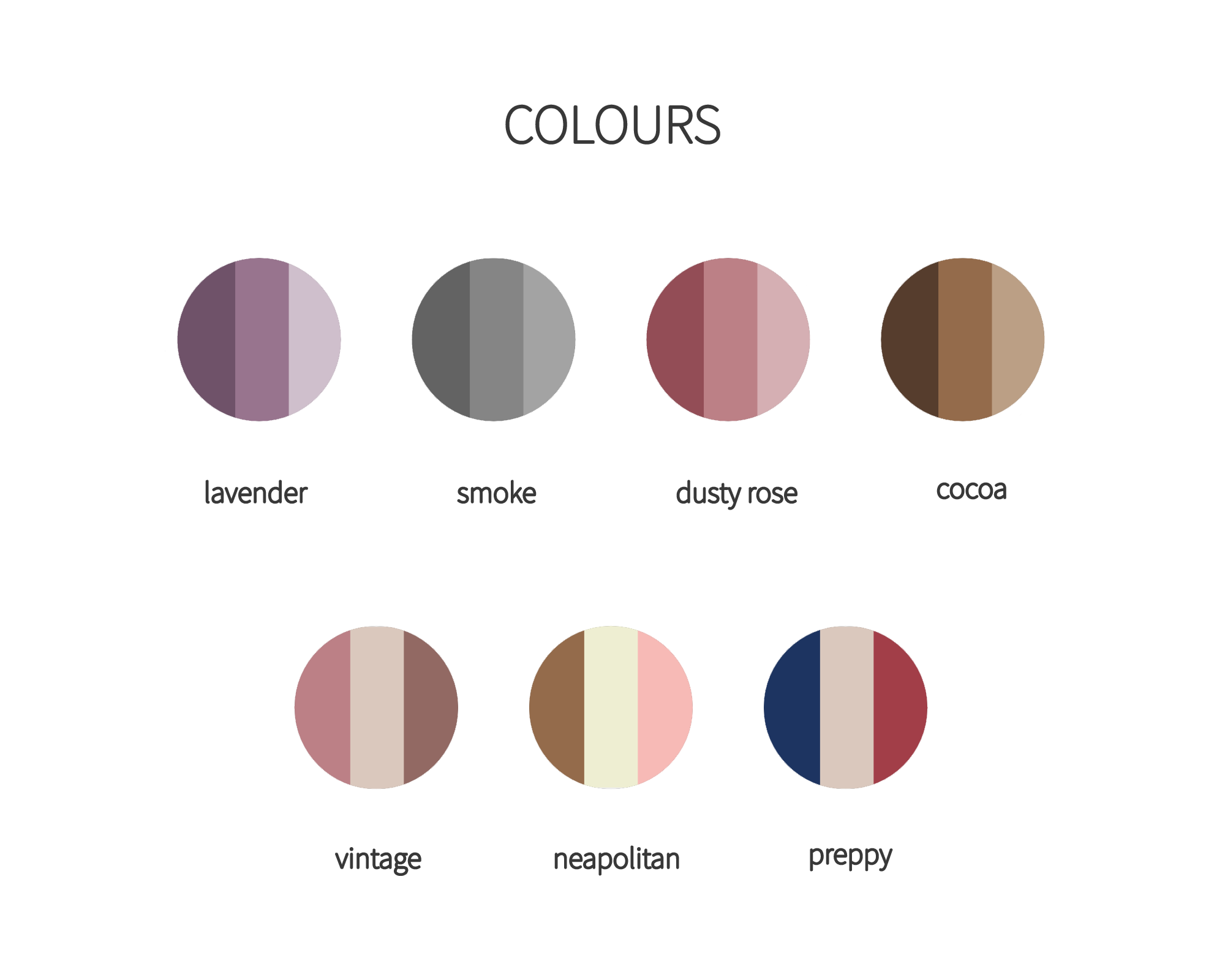 Colour swatches labelled 'lavender', 'smoke', 'dusty rose', 'cocoa', 'vintage', 'neapolitan', and 'preppy'