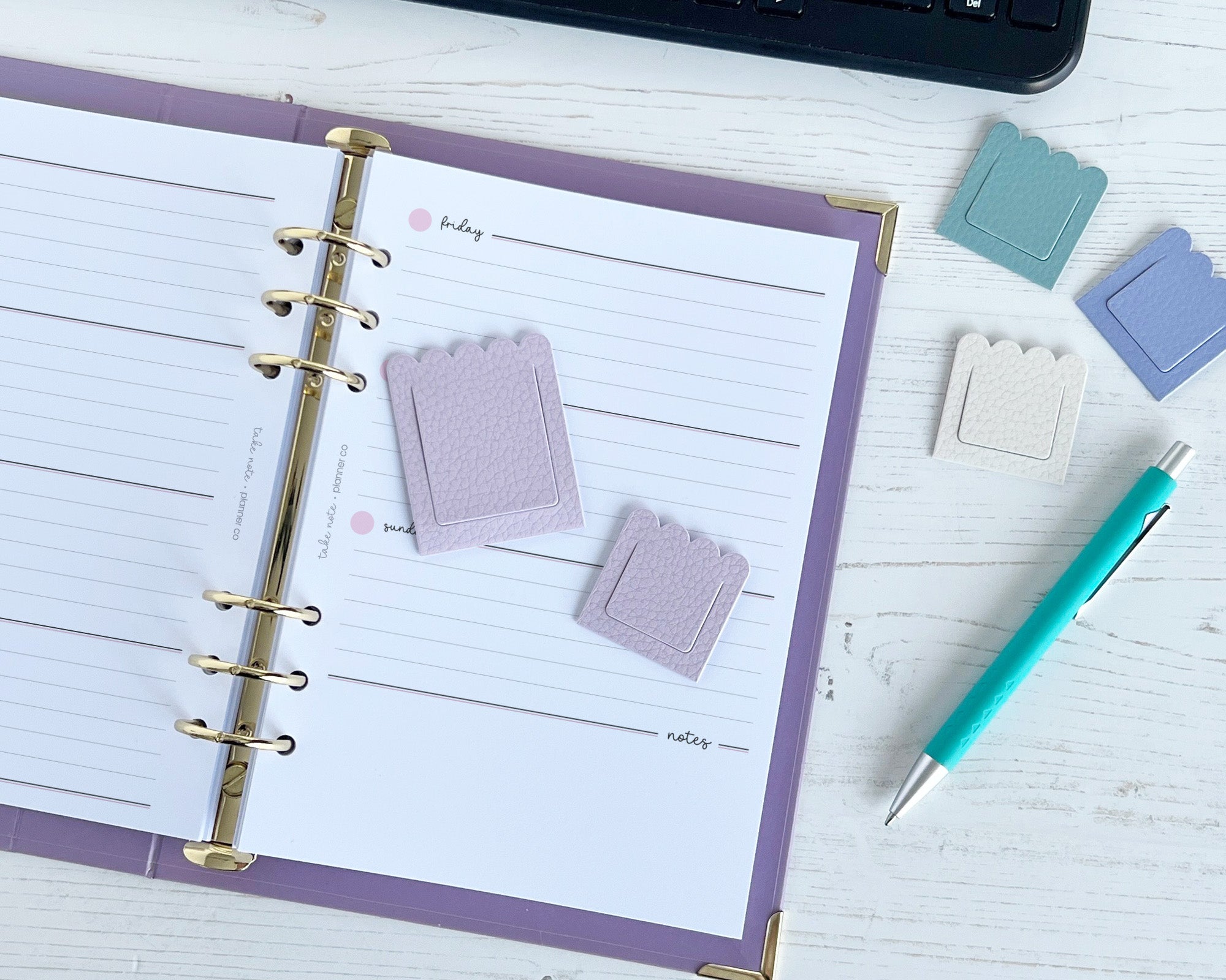 Open planner with scallop bookmarks, large and small