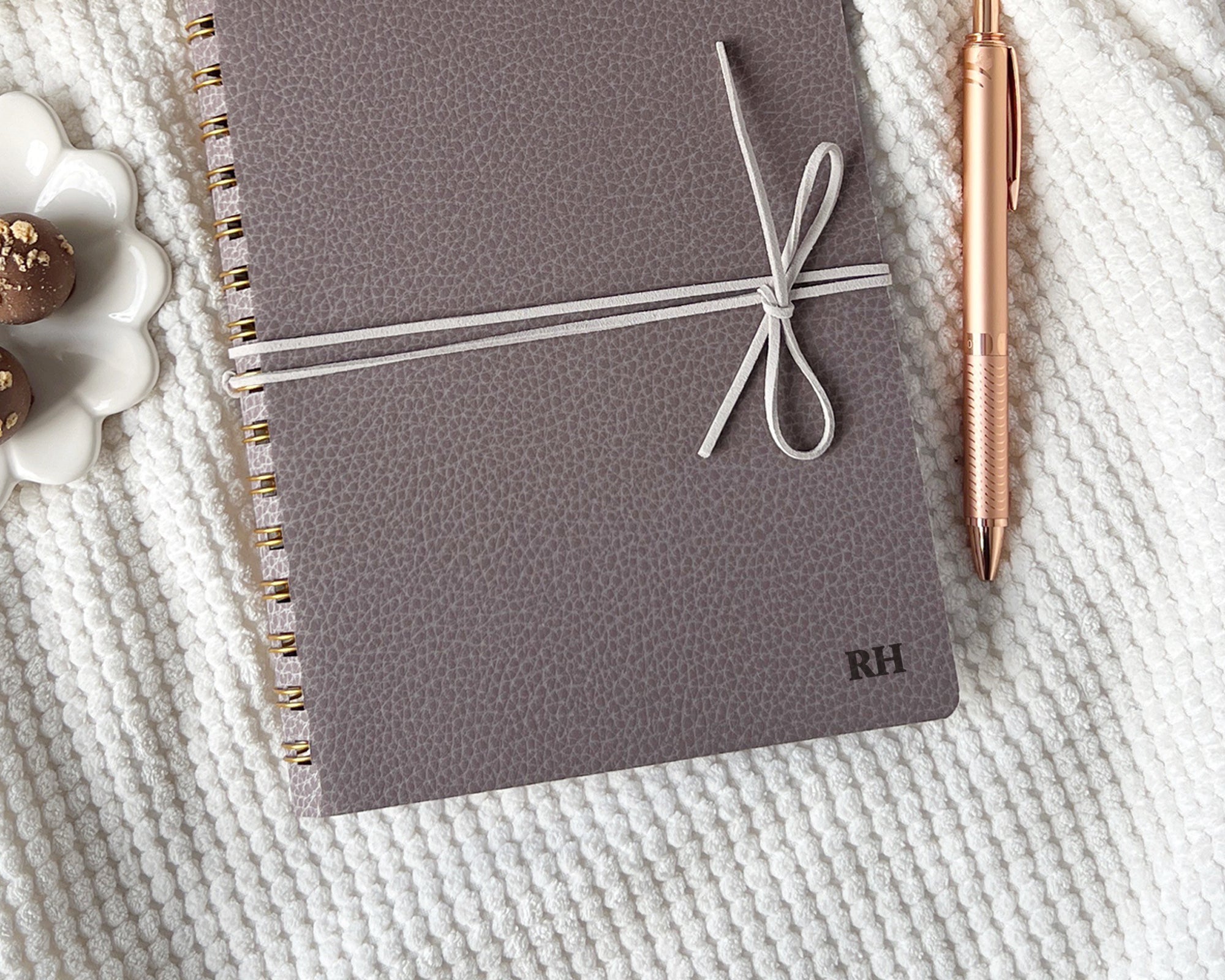 Close up of personalisation on softcover journal.