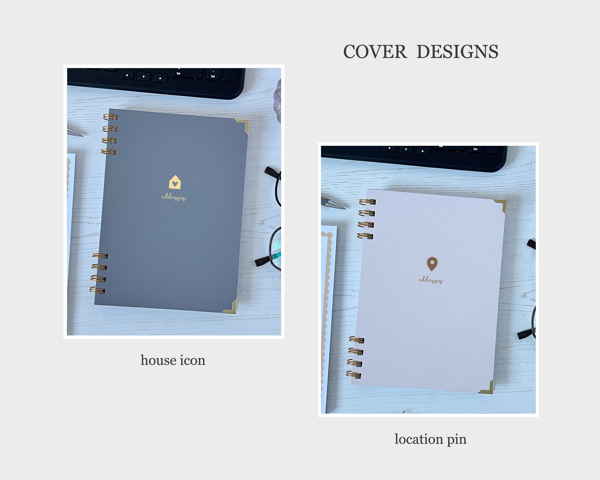 Two notebook covers with gold foil house icon or location pin design 