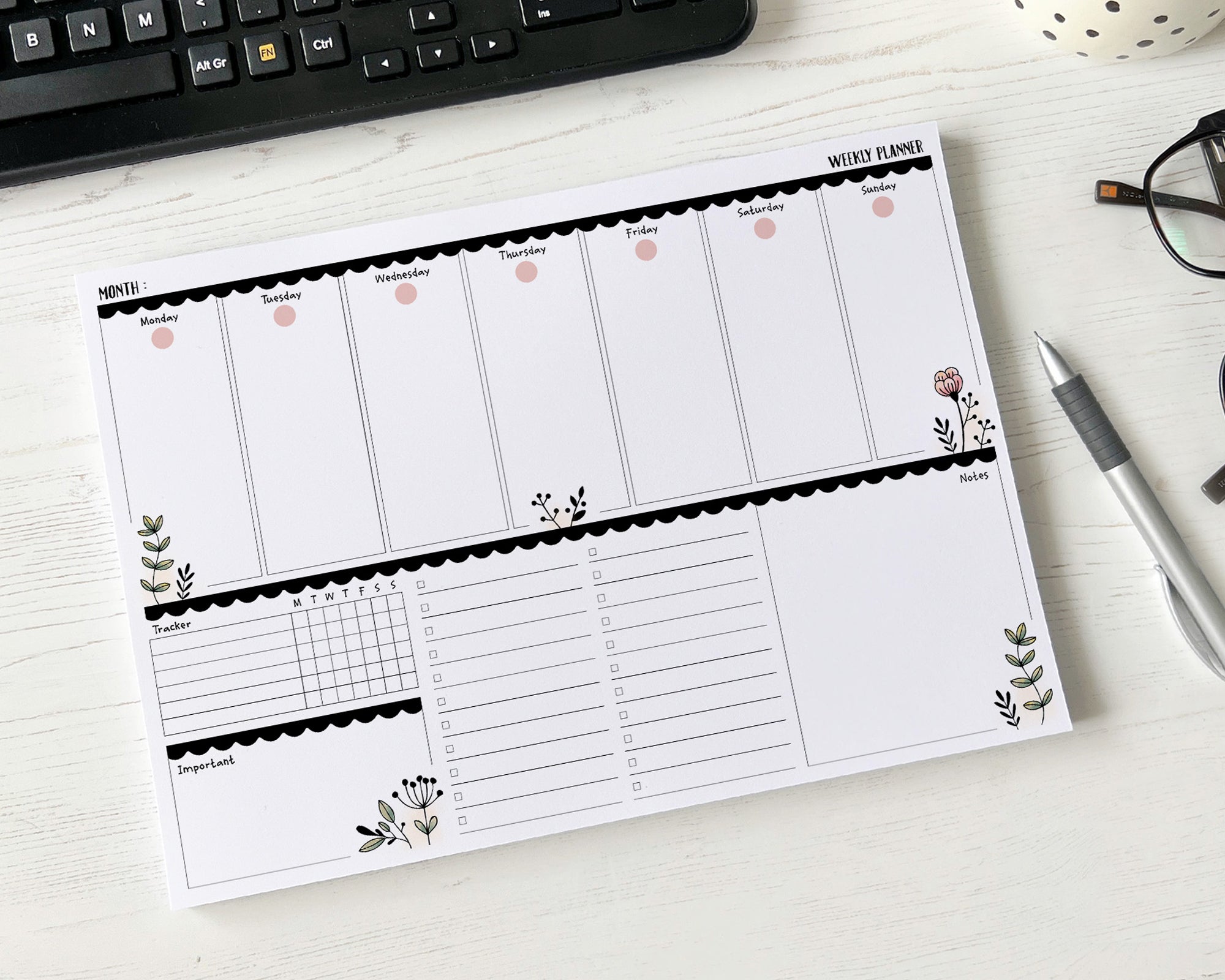 Weekly Planner A4 Deskpad <!---NP4-floral-week2-->