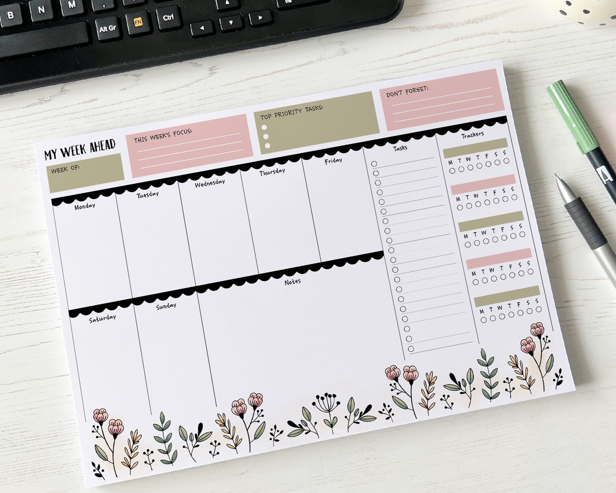 Weekly Planner A4 Deskpad <!---NP4-floral-week1-->