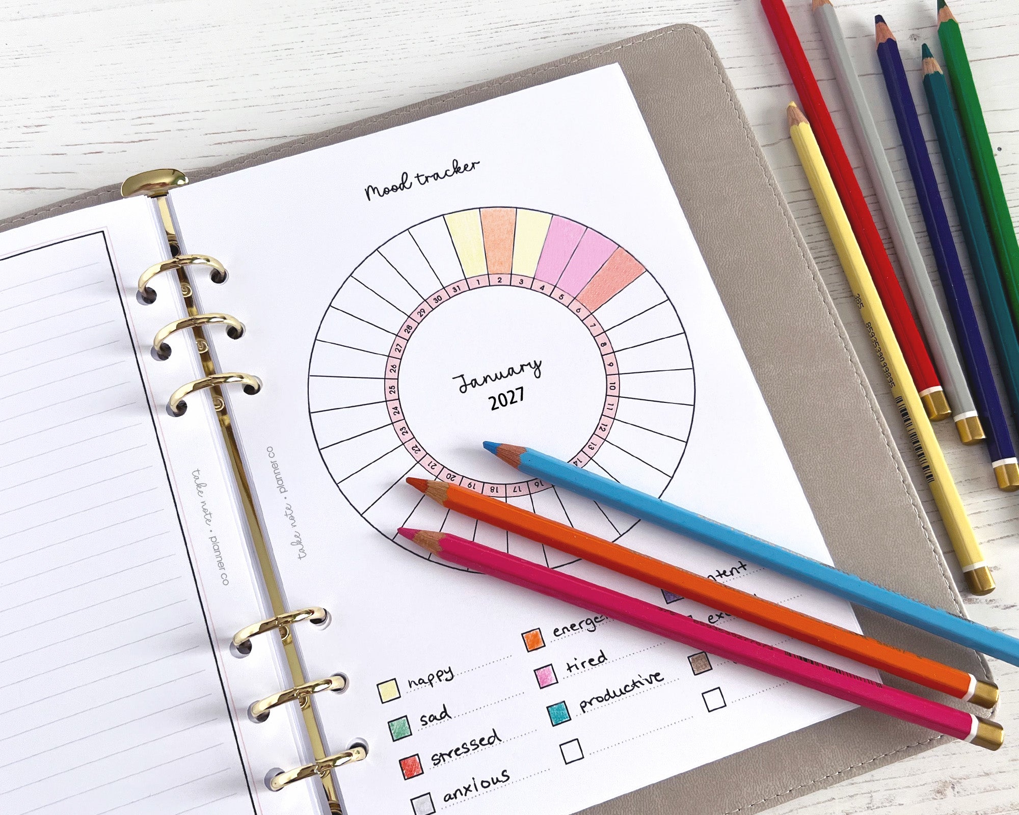 A mood tracker insert with a colourful chart and writing space, alongside a set of coloured pencils.