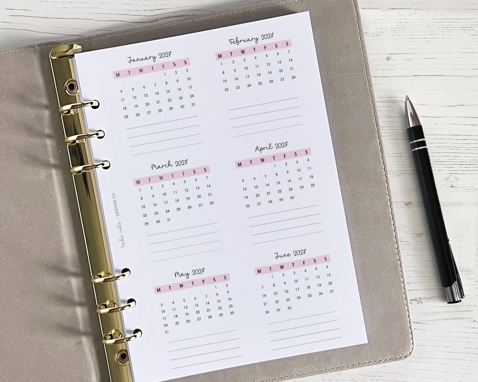 A5 sized yearly overview insert with a double-sided design, featuring a table layout for tracking birthdays and special occasions, with space for writing in the current year, month, and day.