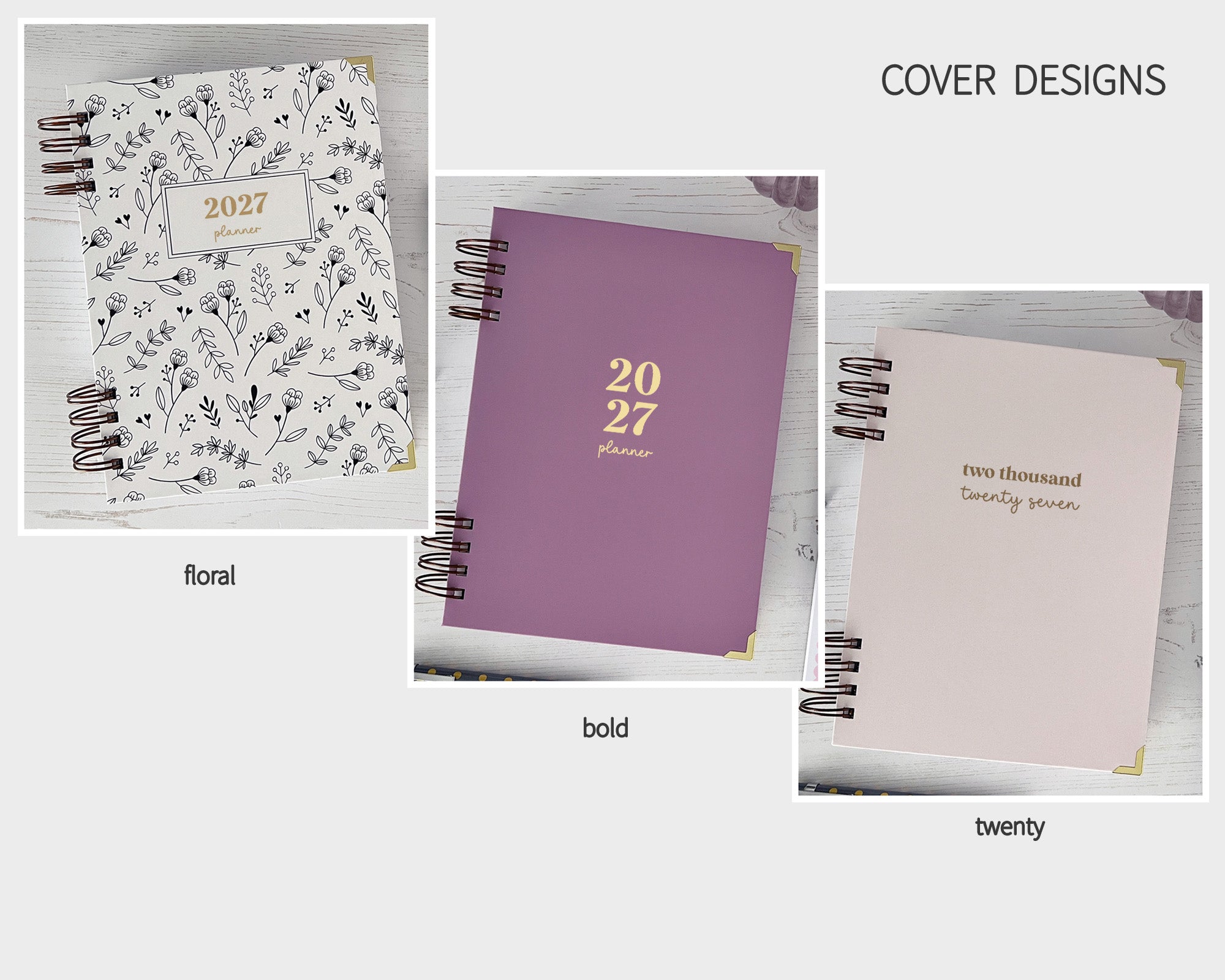 Three planner cover designs with floral, bold, and minimalistic styles.