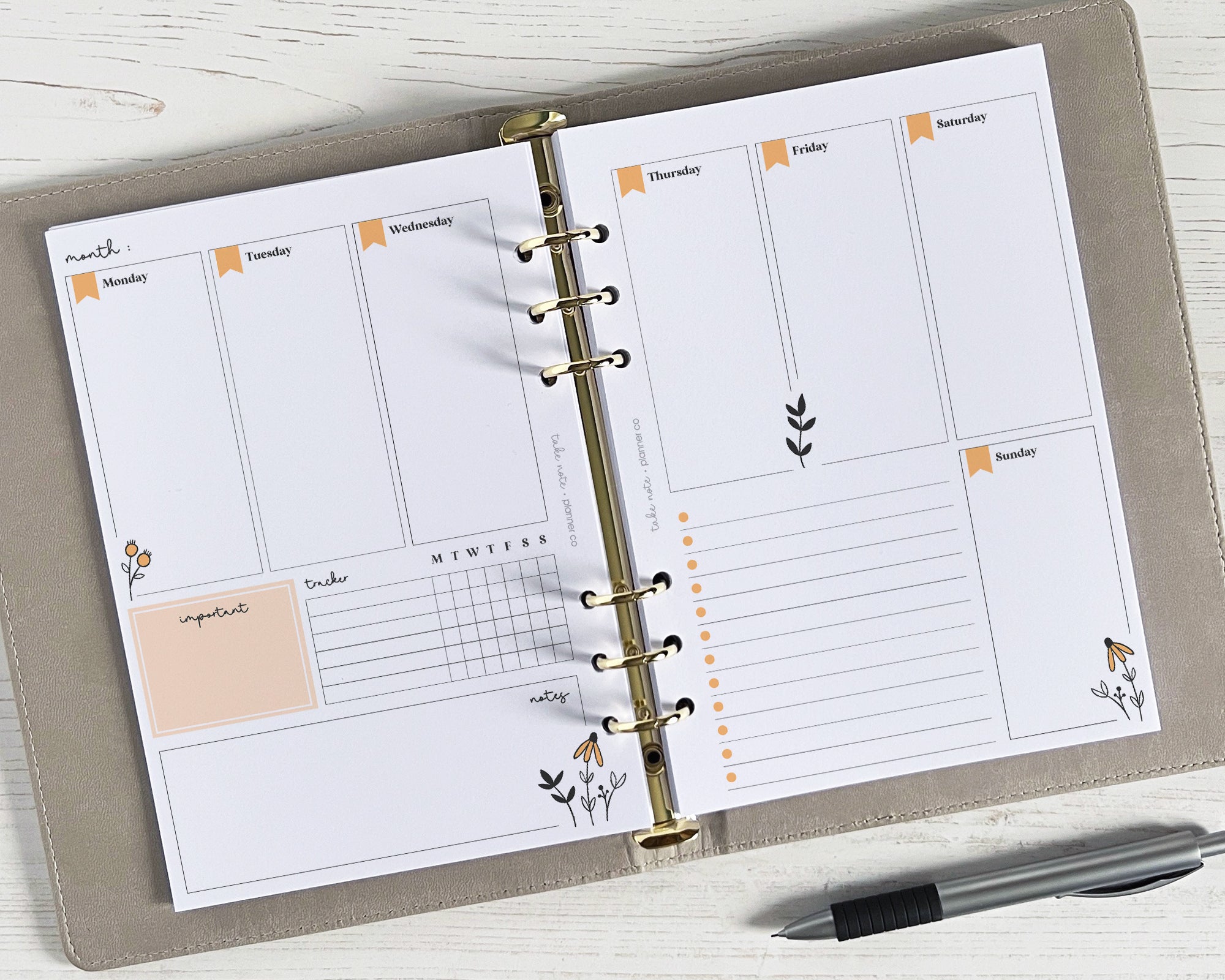 A floral design undated weekly planner insert with space for notes and a habit tracker, displayed in a ring binder.