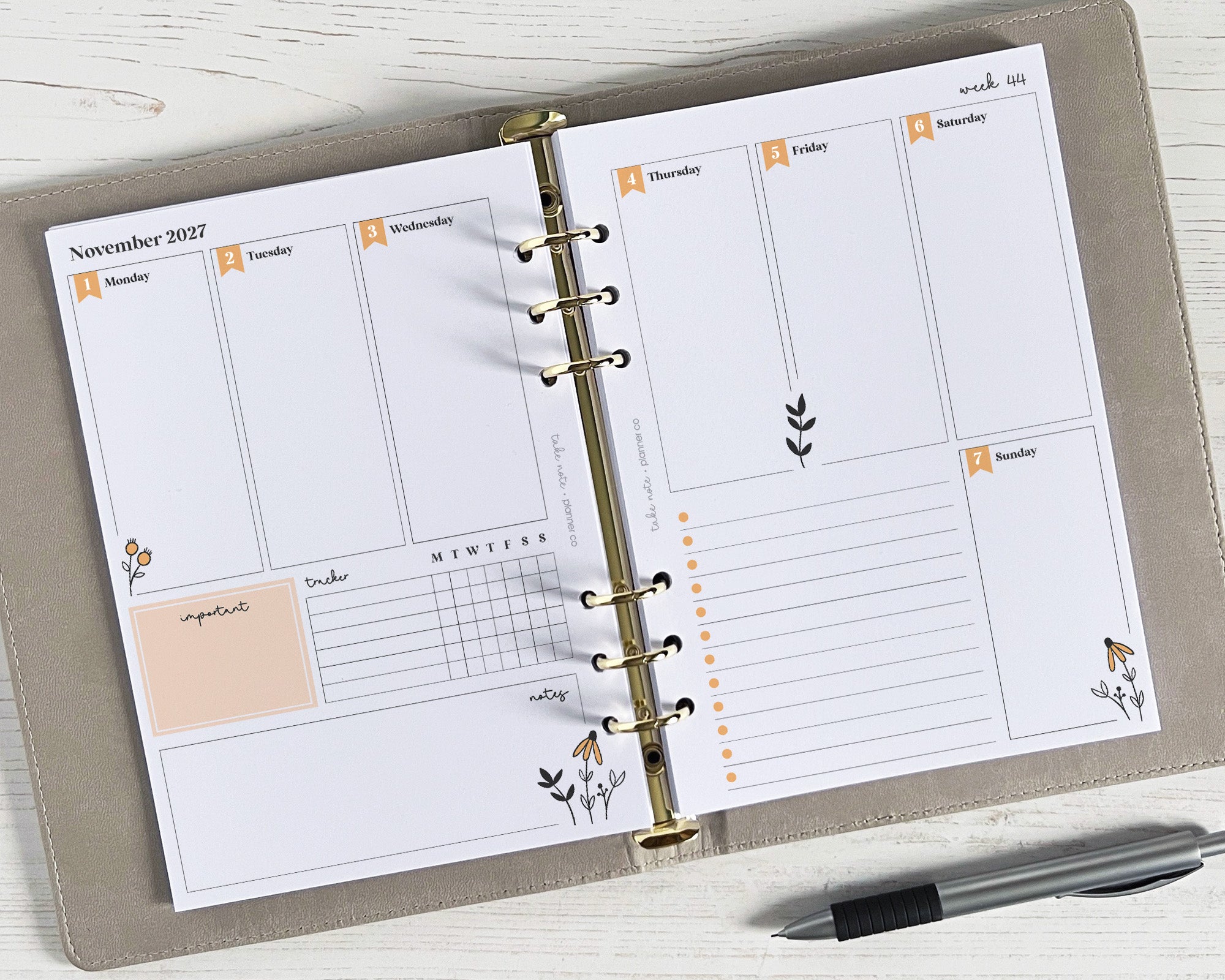 A weekly planner insert with a floral design, featuring spaces for daily schedule, appointments, notes, and a to-do list.