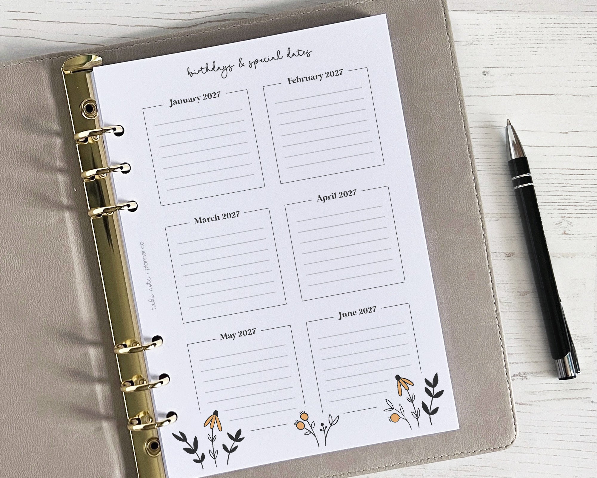 A5 sized yearly overview insert with a floral design and space for writing in a planner.