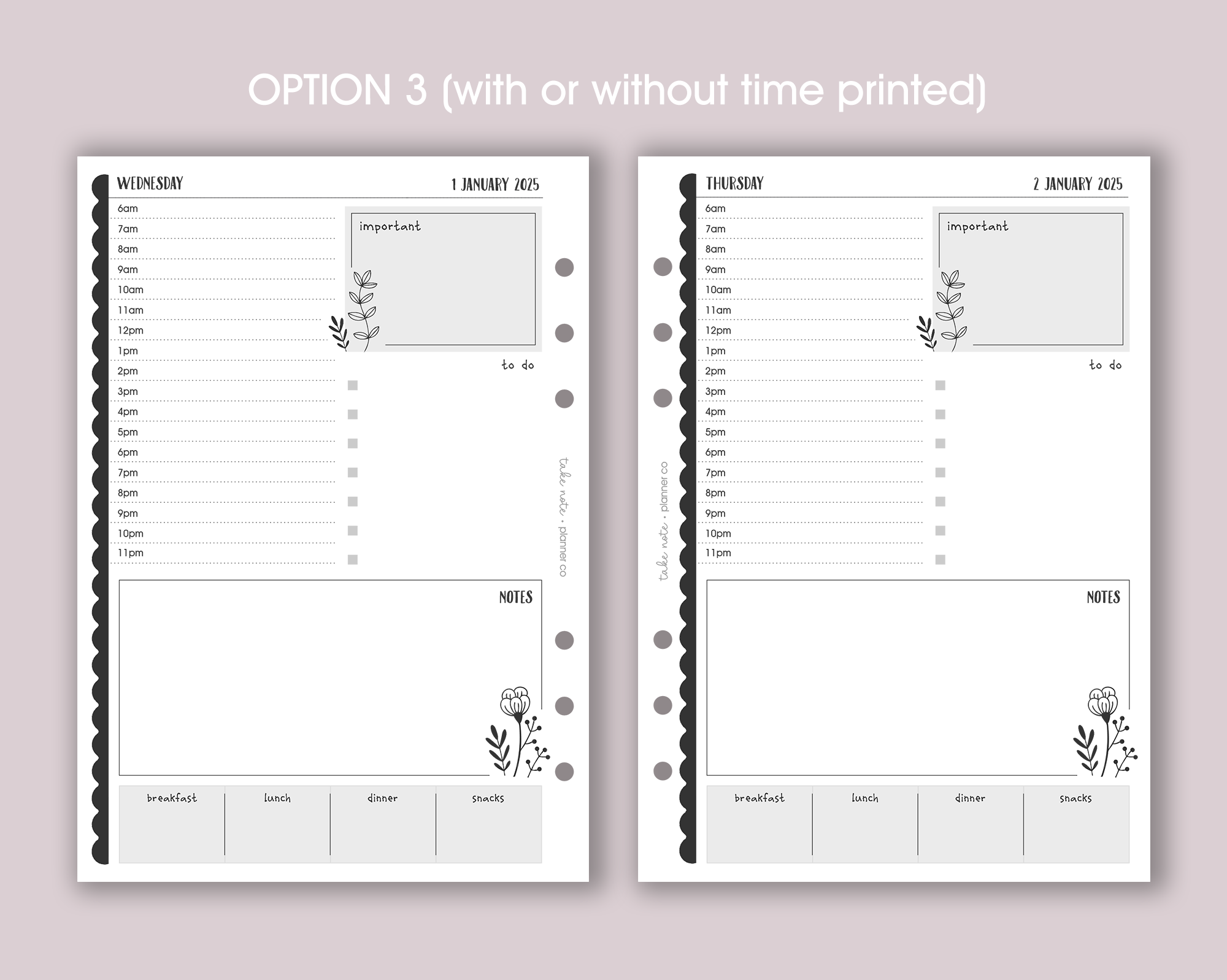 Dated Daily Planner Inserts <!---floral:DAY1-->