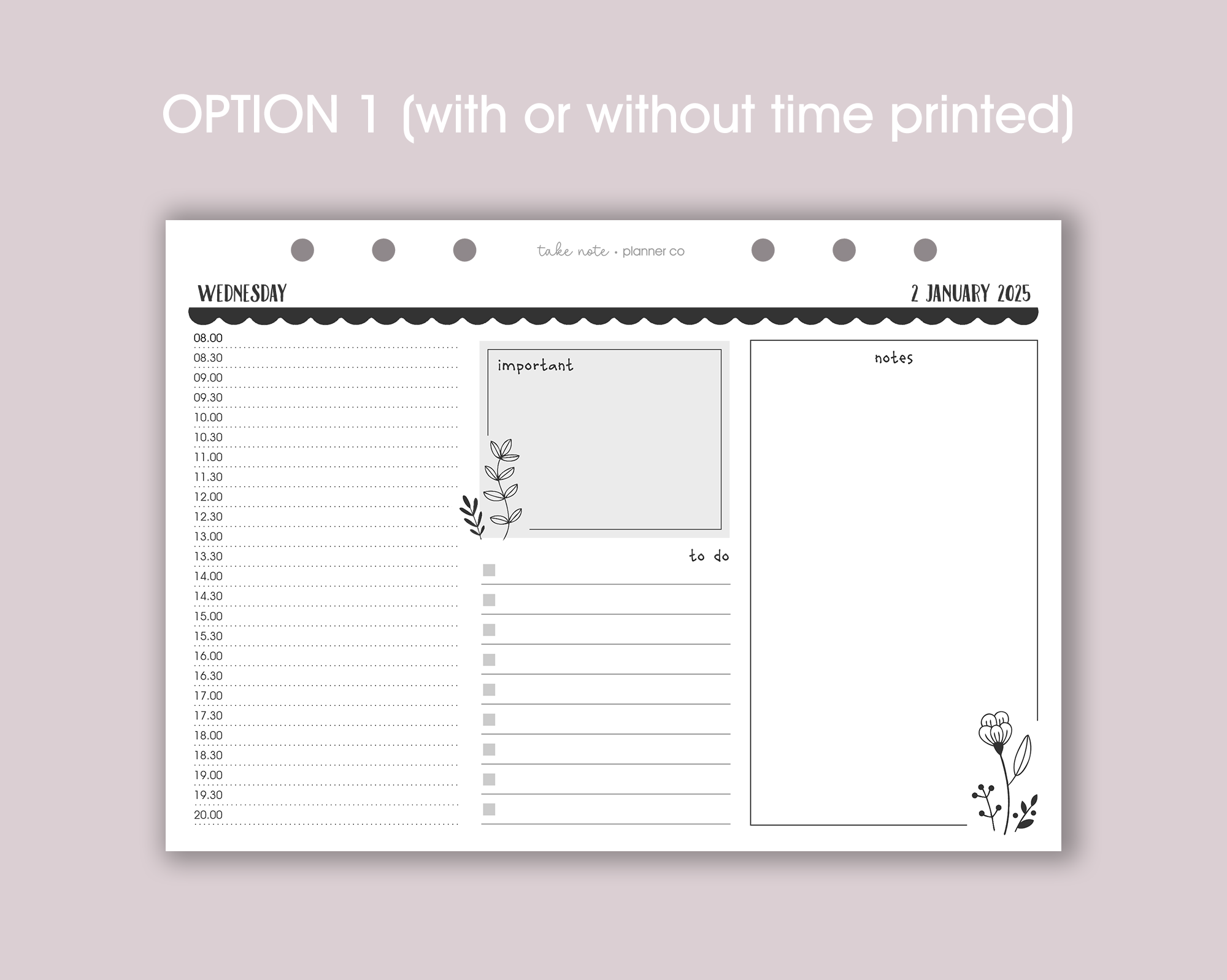 Dated Daily Planner Inserts <!---floral:DAY2horiz-->