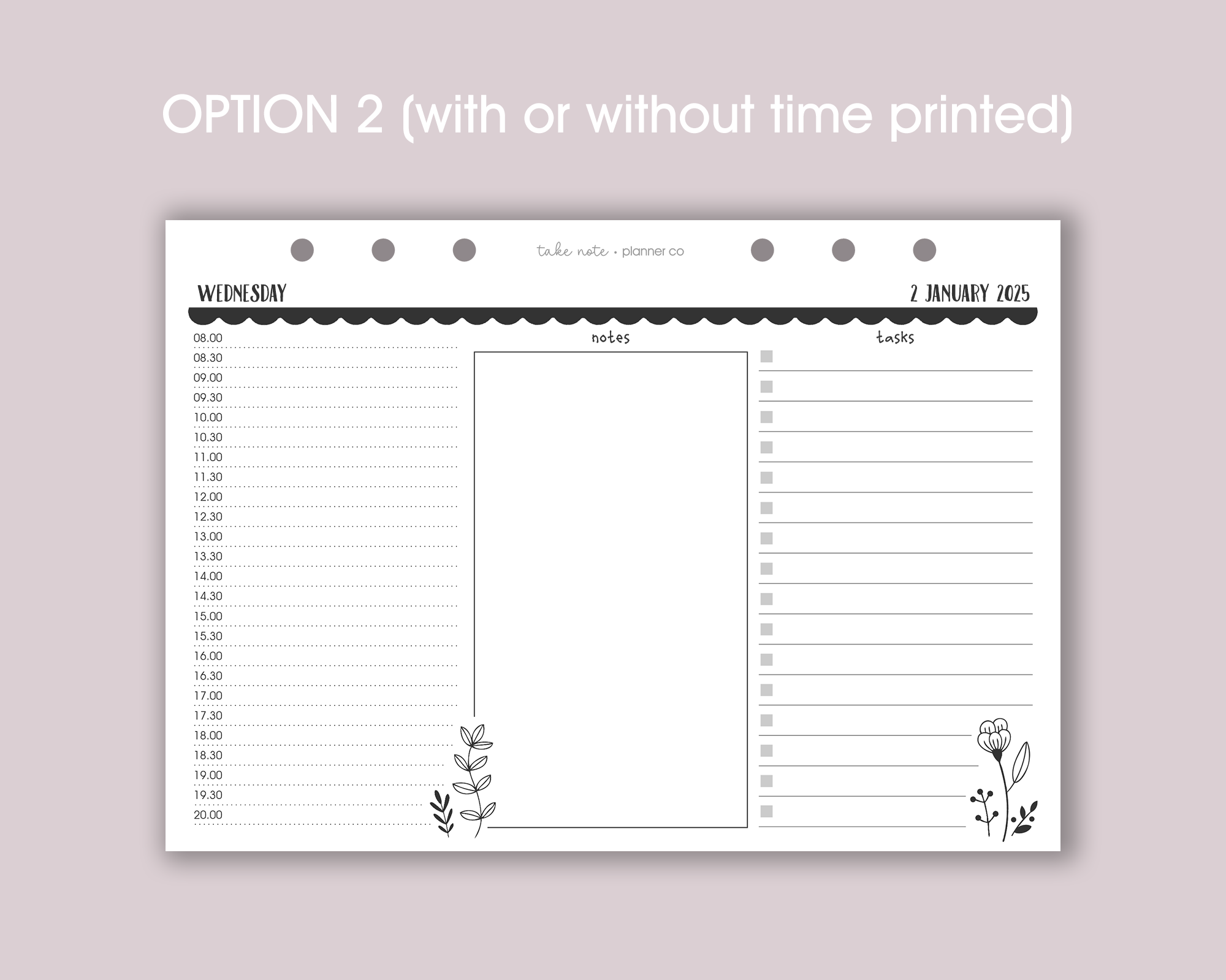 Dated Daily Planner Inserts <!---floral:DAY2horiz-->