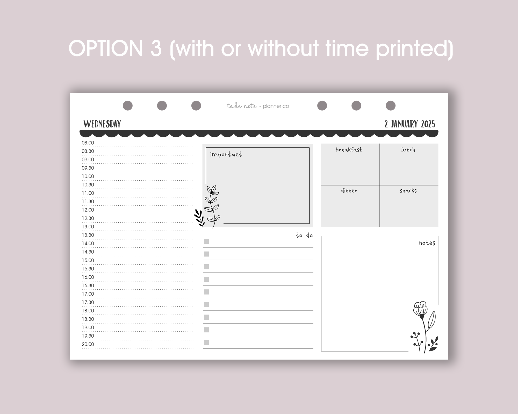 Dated Daily Planner Inserts <!---floral:DAY2horiz-->