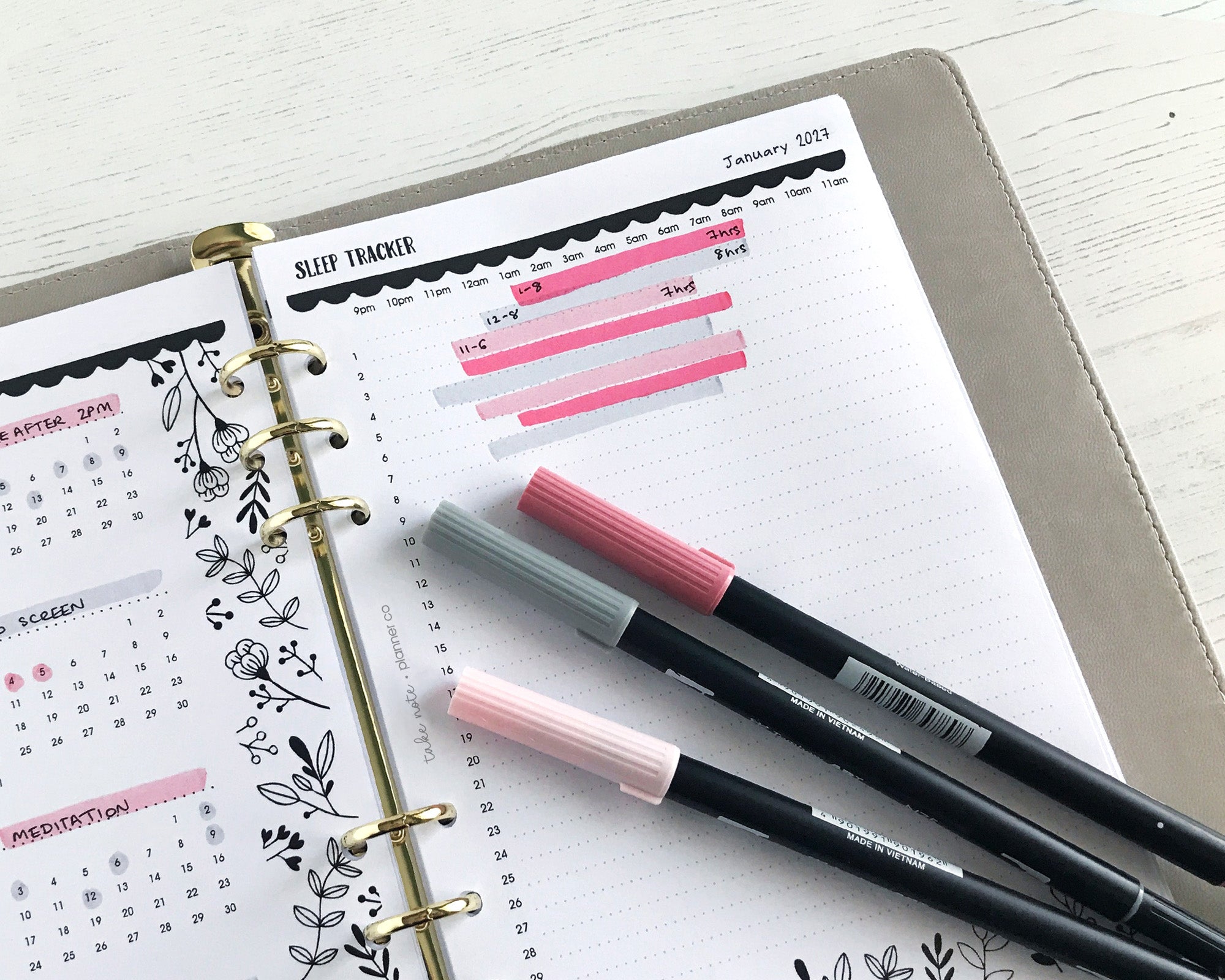 Planner with sleep tracker and three coloured pens 