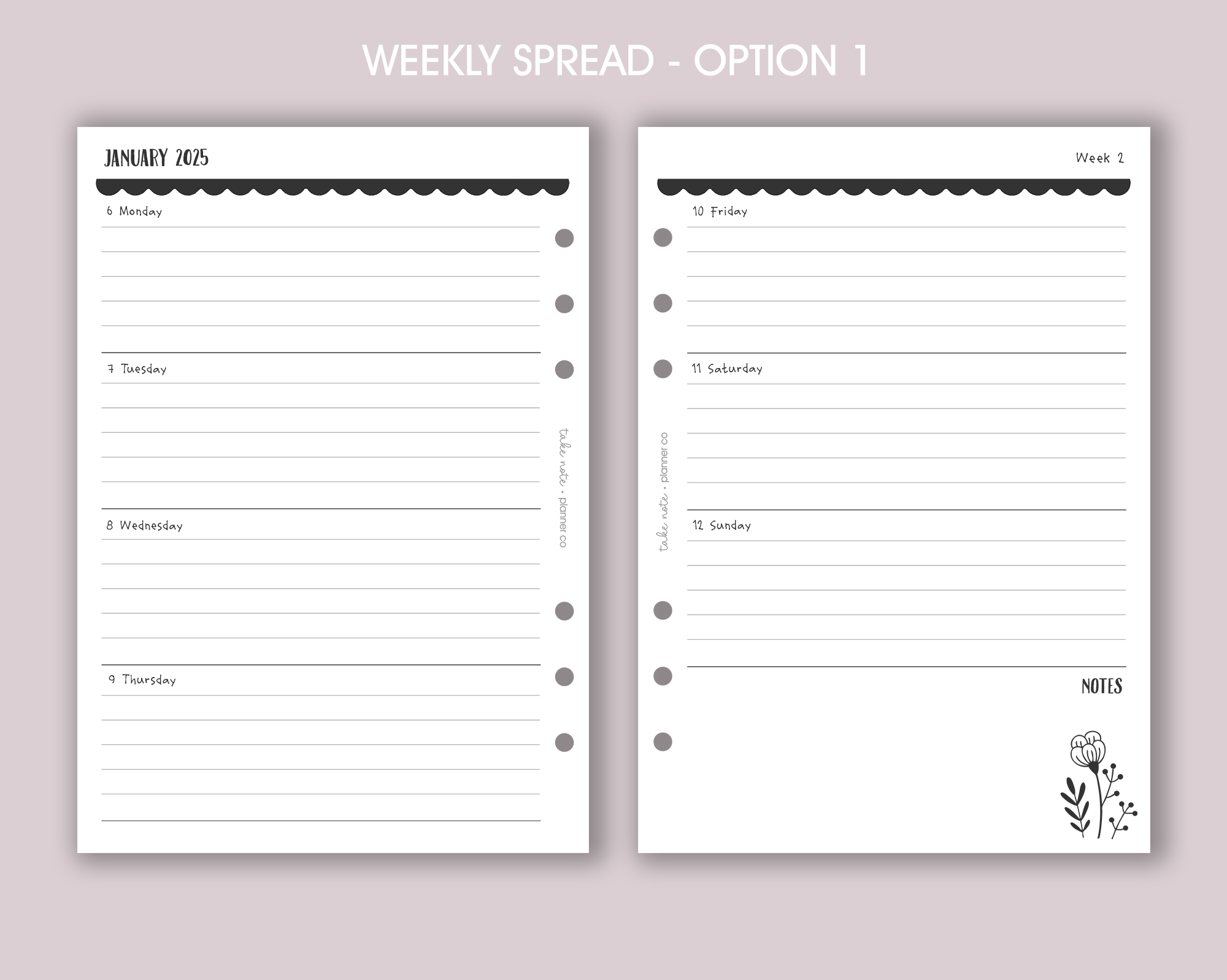 Dated Weekly Planner Inserts <!---floral:WEEK1-->