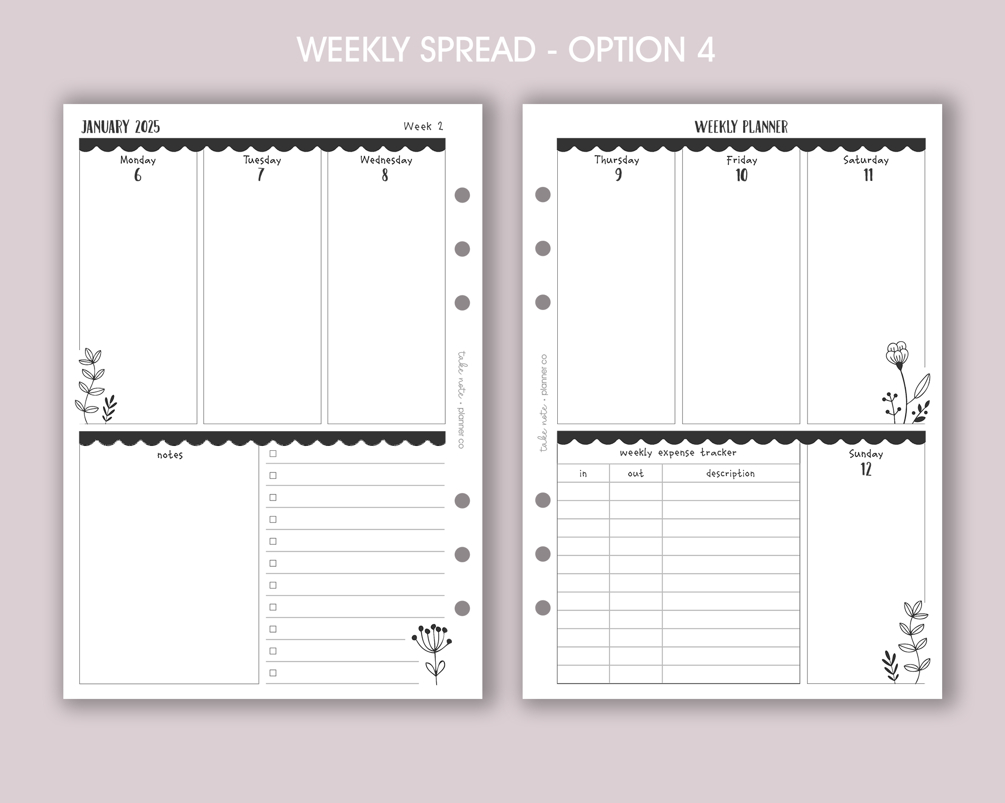 Dated Weekly Planner Inserts <!---floral:WEEK4-->