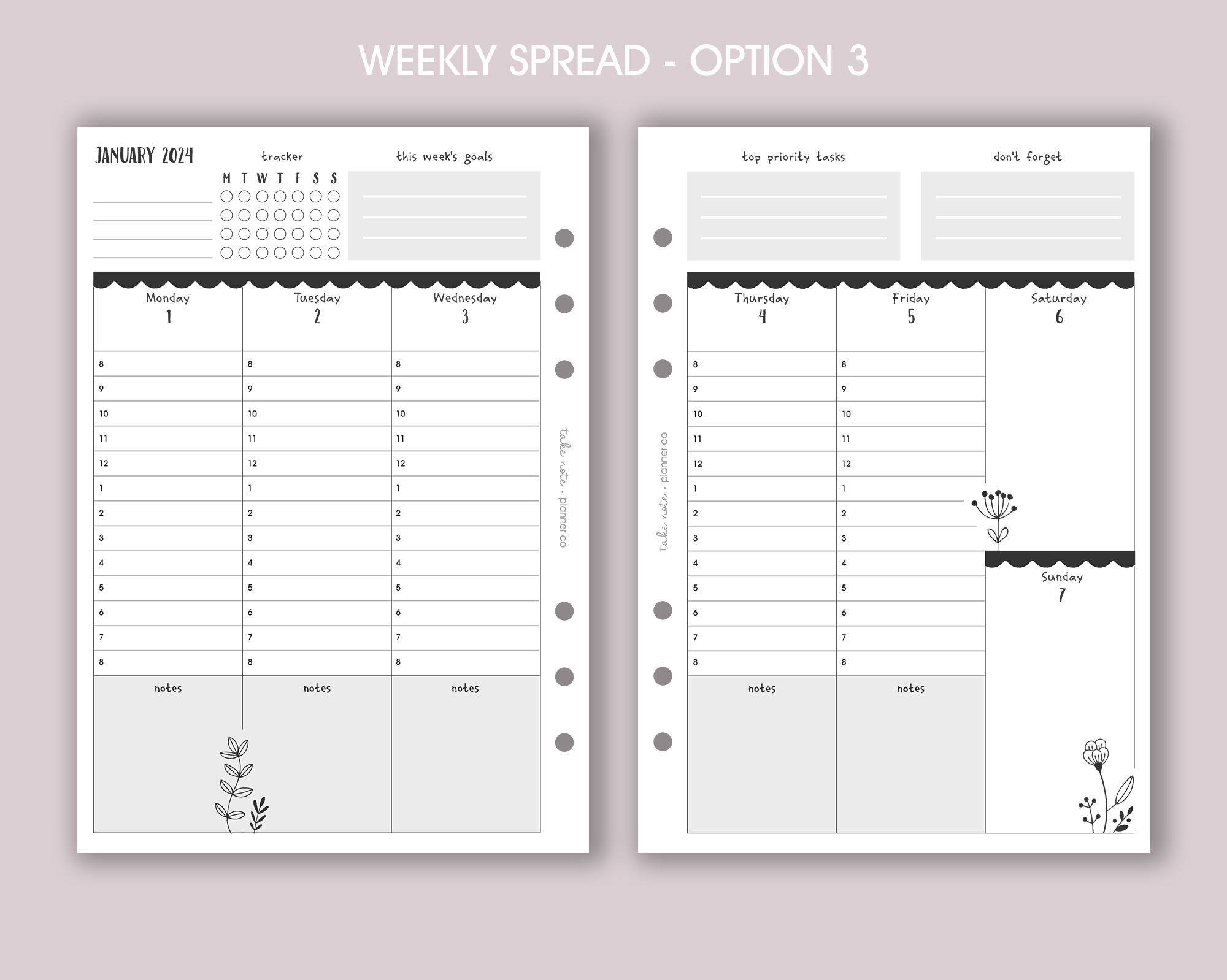 Undated Weekly Planner Inserts <!---floral:WEEK7-->