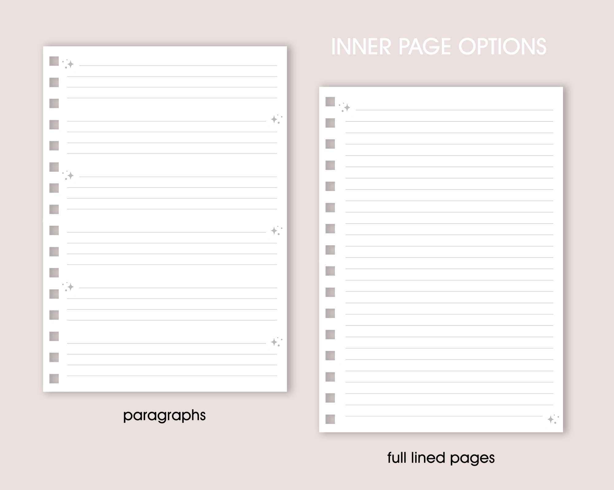 Two inner page options for a journal with 'paragraphs' and 'full lined pages' labels 