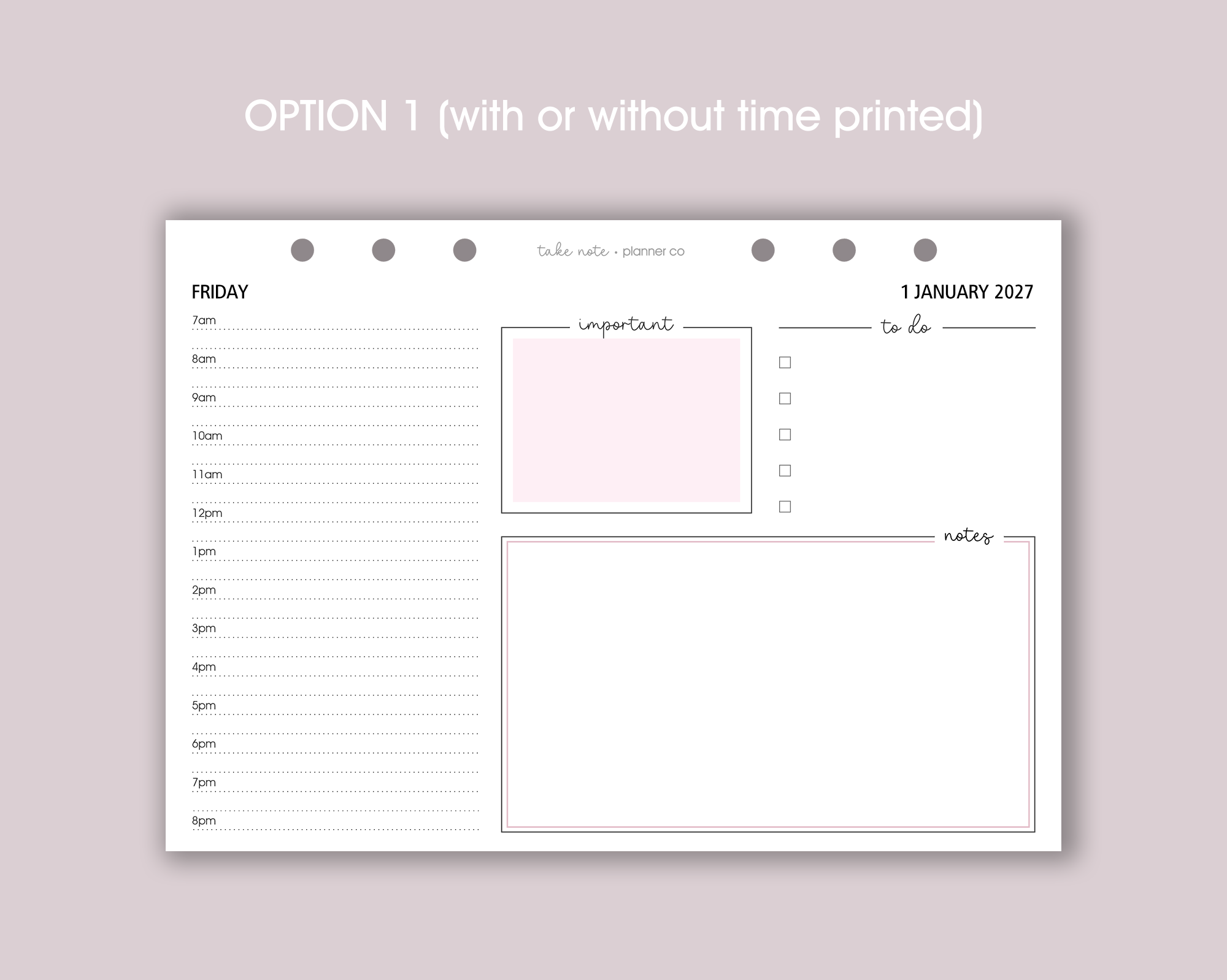 A photo of a daily planner insert with a landscape layout, featuring spaces for notes, schedule, and to-do list, with a gold ring mechanism on the side and a pen resting on the insert.