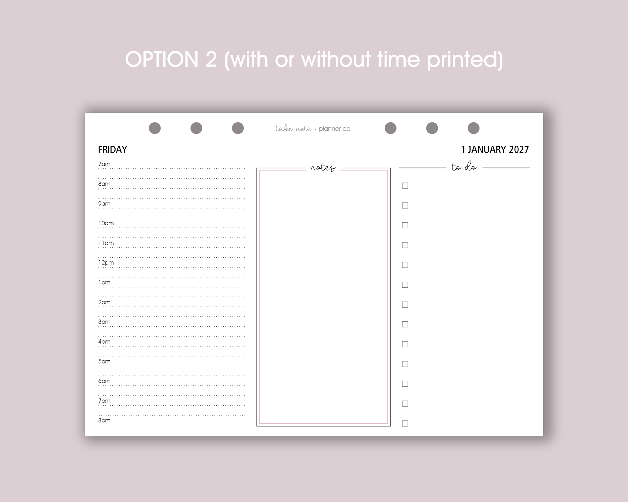 A photo of a daily planner insert with a landscape layout, featuring spaces for notes, schedule, and to-do list, with a gold ring mechanism on the side and a pen resting on the insert.
