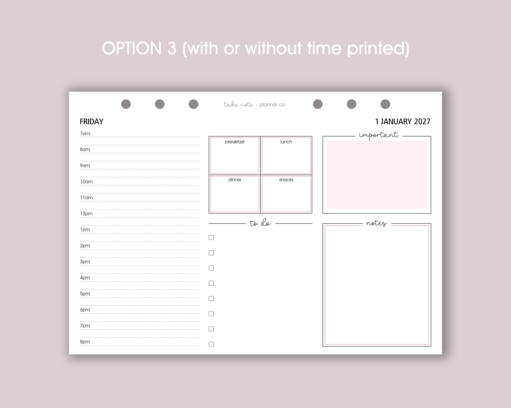 A photo of a daily planner insert with a landscape layout, featuring spaces for notes, schedule, and to-do list, with a gold ring mechanism on the side and a pen resting on the insert.
