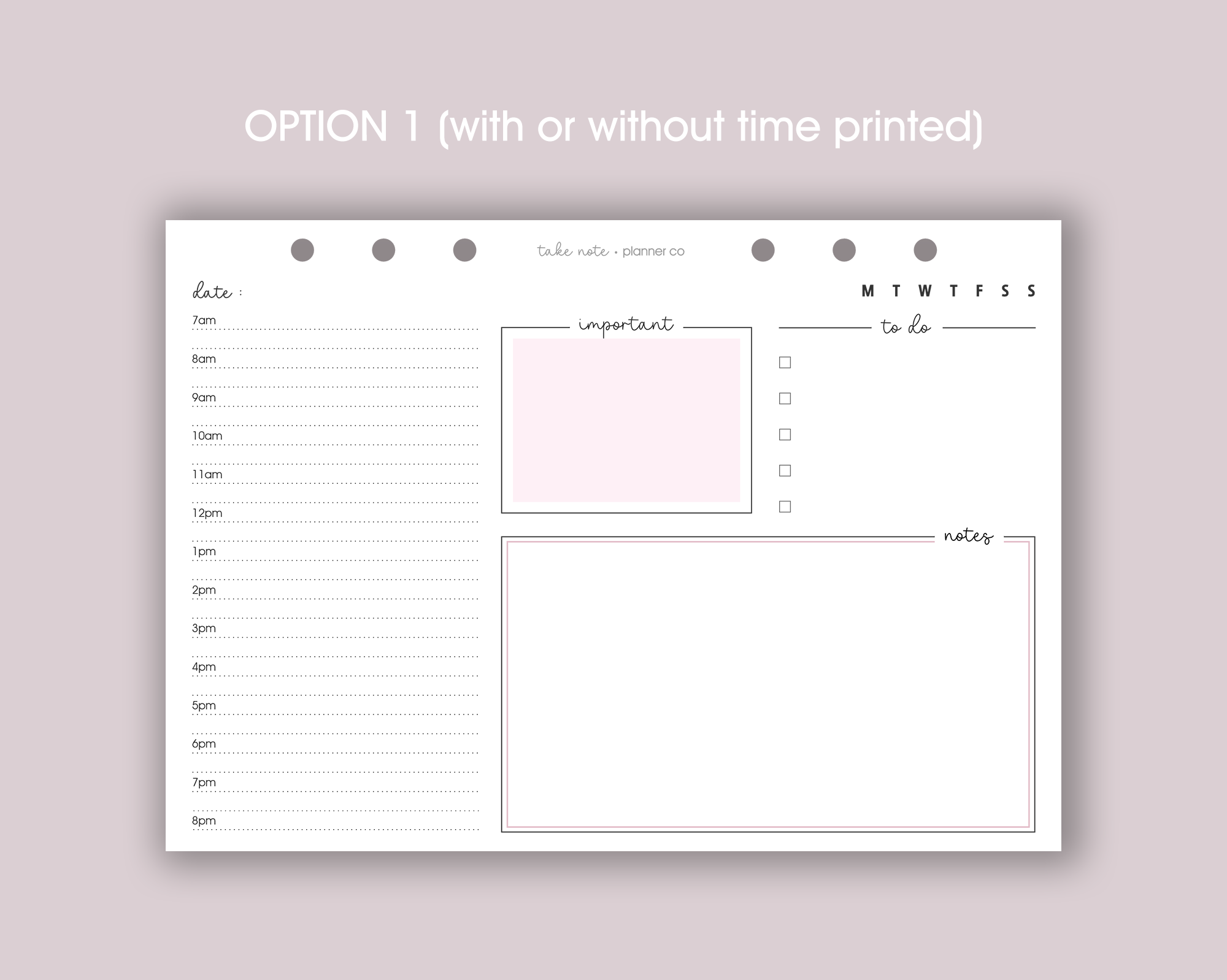 A photo of a daily planner insert with a landscape layout, featuring sections for notes, schedule, priorities, and to-do list, lying on a wooden surface with a pen beside it.