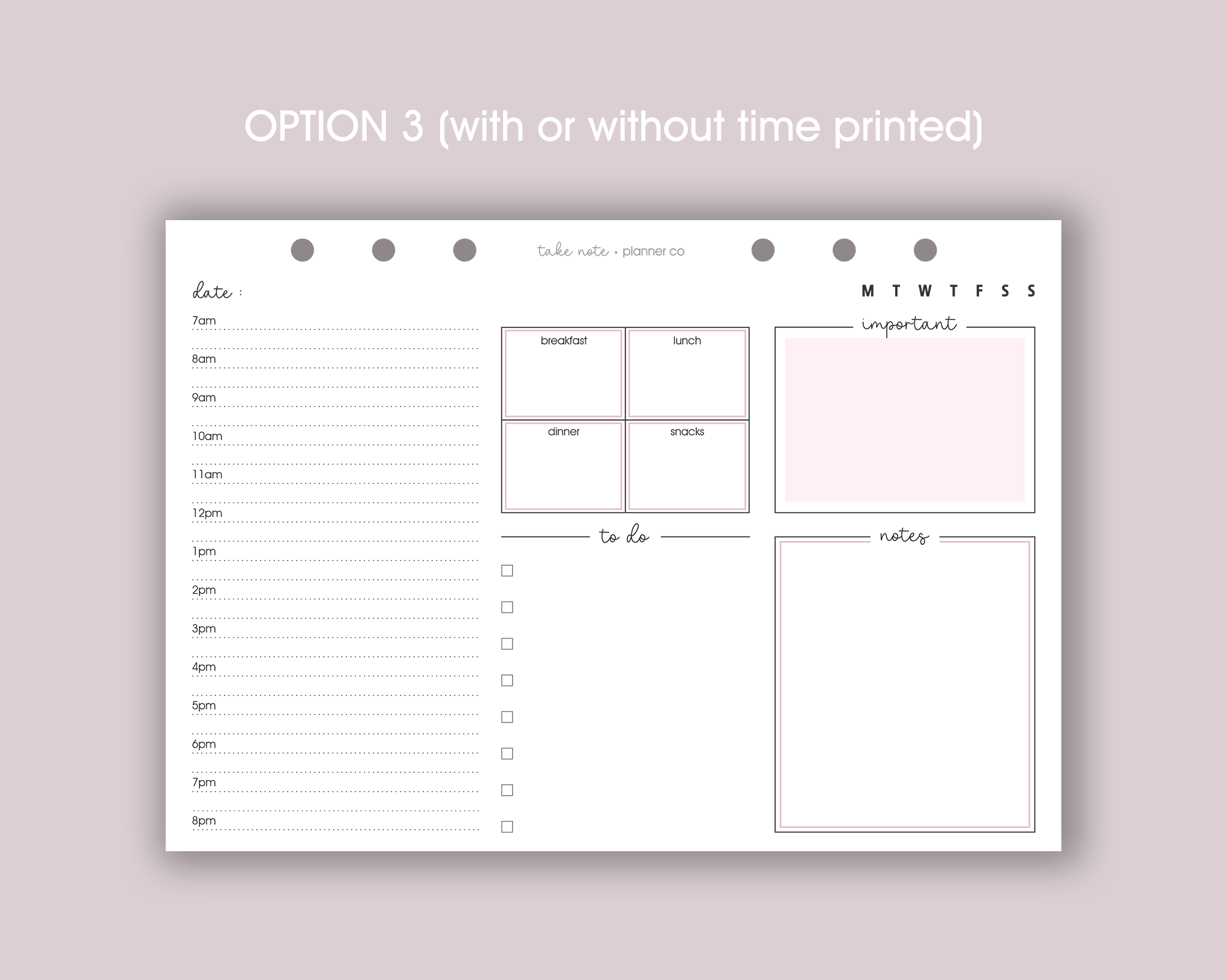 A photo of a daily planner insert with a landscape layout, featuring sections for notes, schedule, priorities, and to-do list, lying on a wooden surface with a pen beside it.