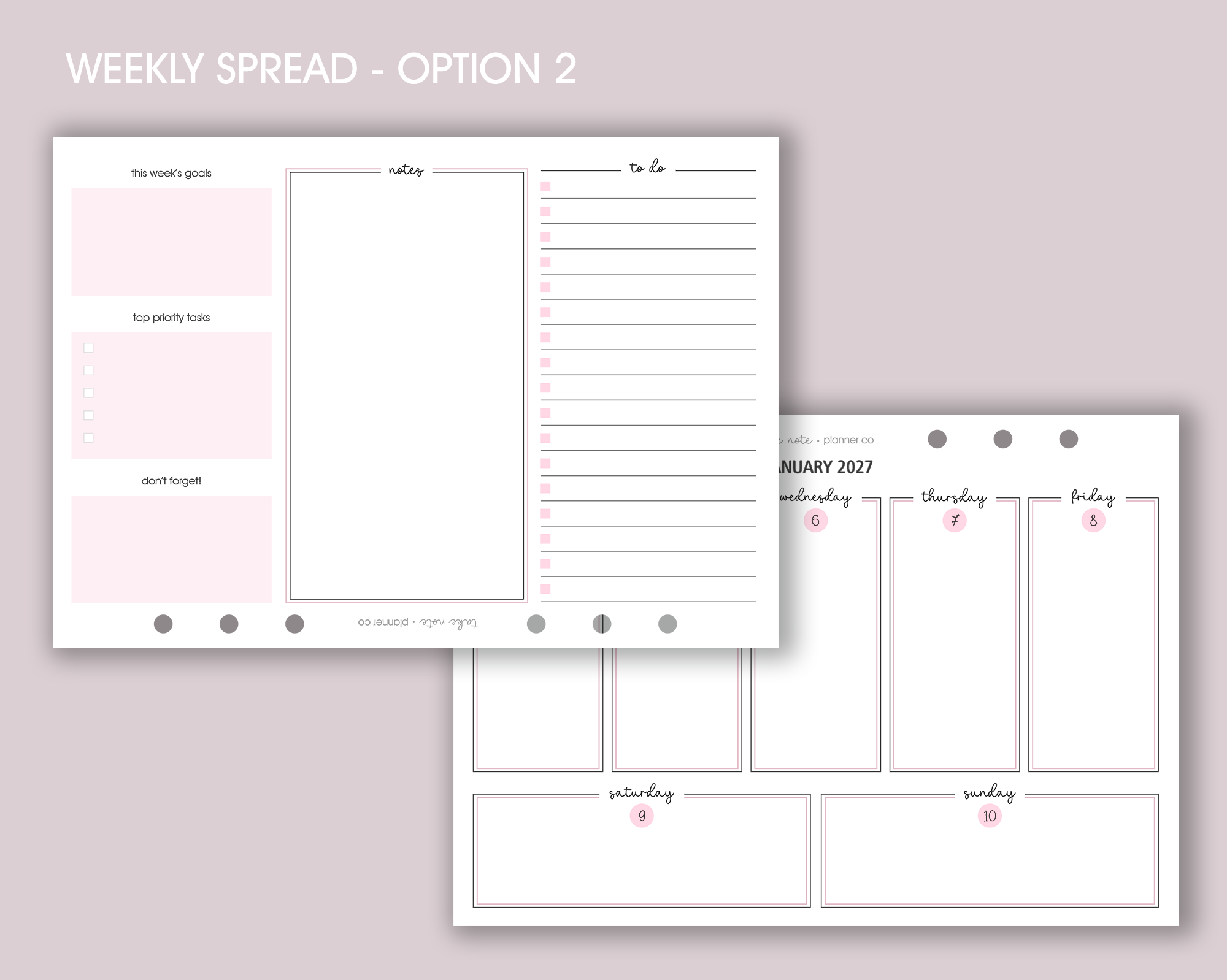 A5 weekly planner inserts with a landscape layout displayed on a desk, featuring space for notes, schedule, and a to-do list with a pen alongside.
