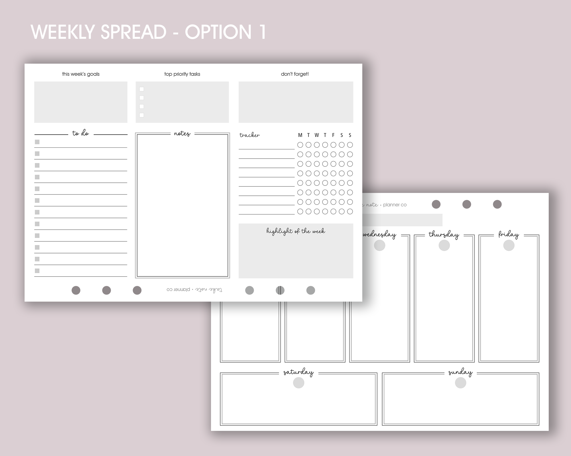 A photo of undated weekly planner inserts with a landscape layout, displayed in an open ring binder with a pen on the side.