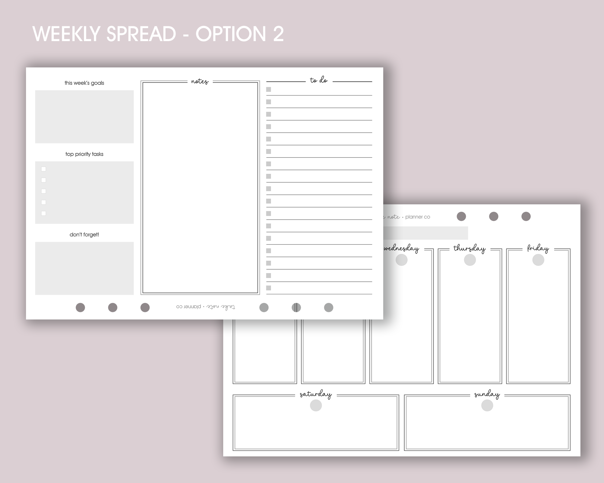 A photo of undated weekly planner inserts with a landscape layout, displayed in an open ring binder with a pen on the side.