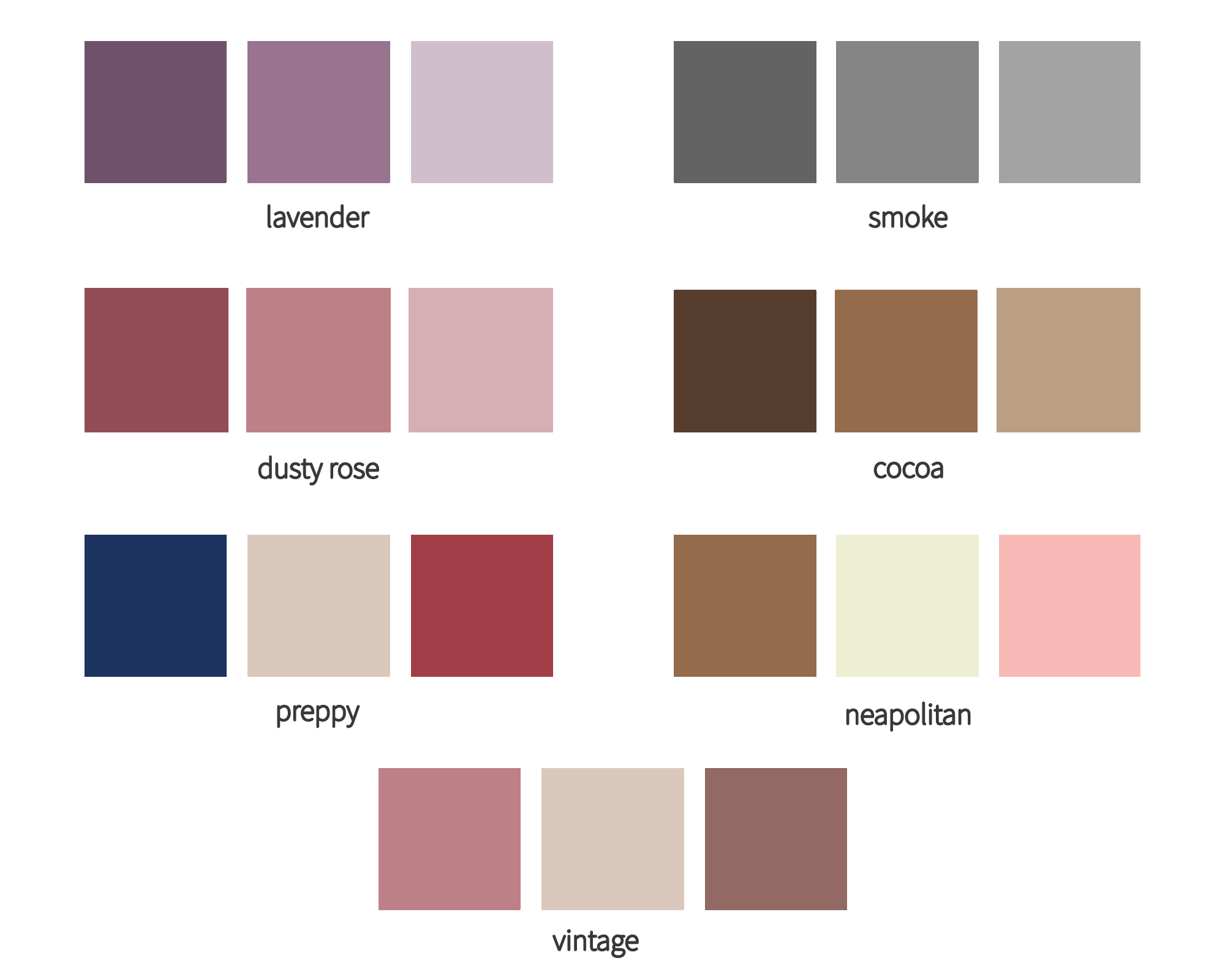 Colour swatches labelled 'lavender', 'smoke', 'dusty rose', 'cocoa', 'vintage', 'neapolitan', and 'preppy'