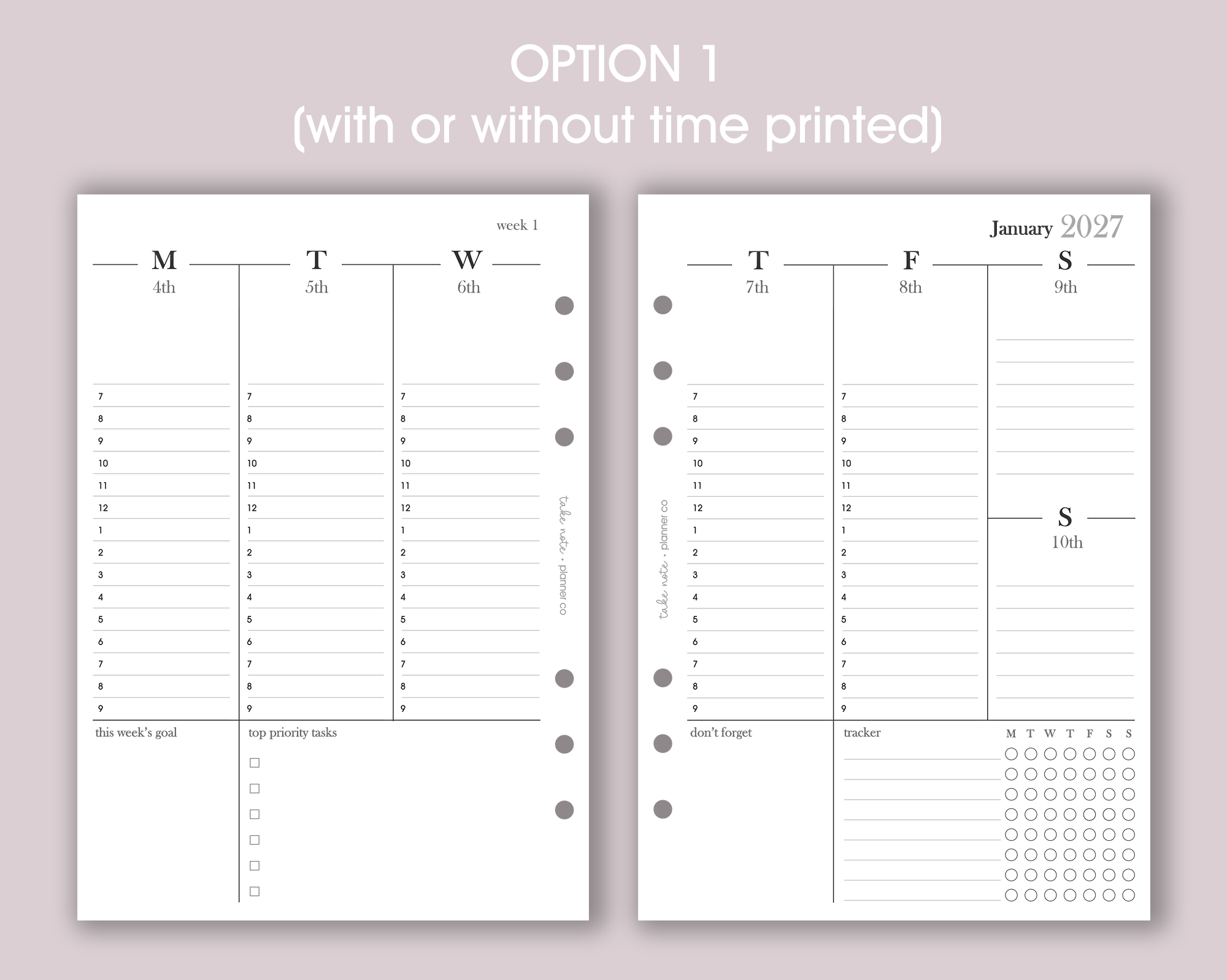 A5 weekly planner inserts displayed open on a desk with a pen alongside, showcasing a minimalistic design with space for notes and appointments.