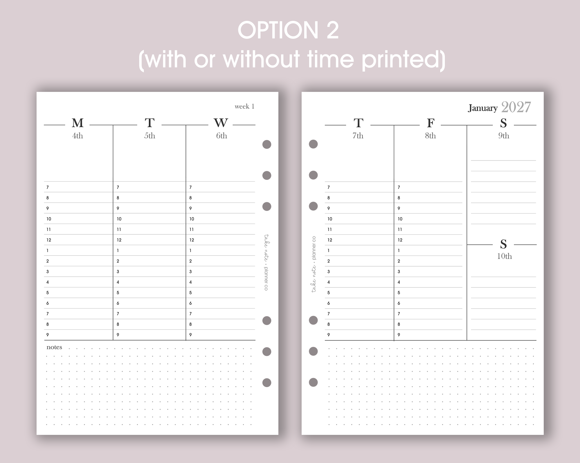 A5 weekly planner inserts displayed open on a desk with a pen alongside, showcasing a minimalistic design with space for notes and appointments.